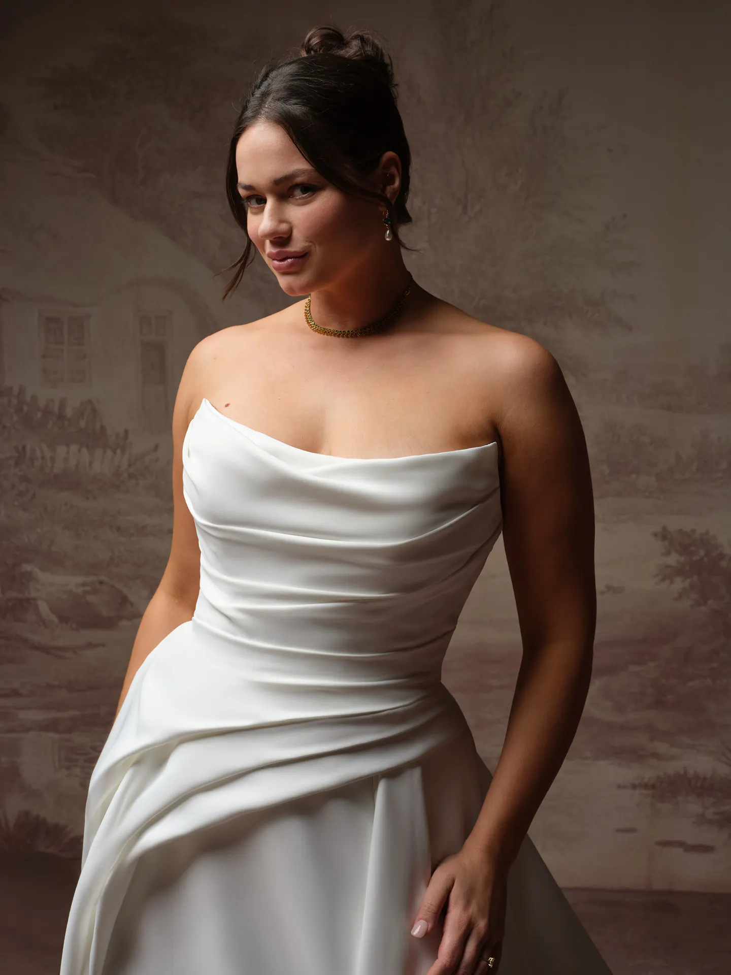 Maggie Sottero Calliope satin asymmetrical A-line front view.