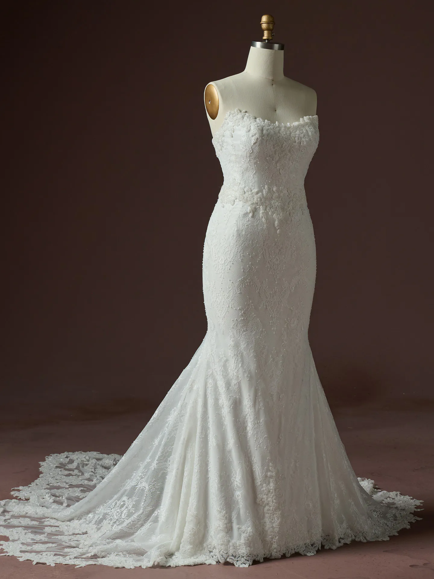 Maggie Sottero Collette lace dress front view on mannequin.