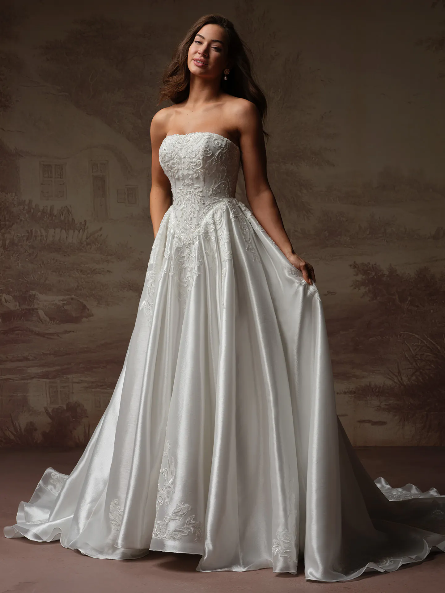 Maggie Sottero Dahlia strapless lace organza wedding dress front view.