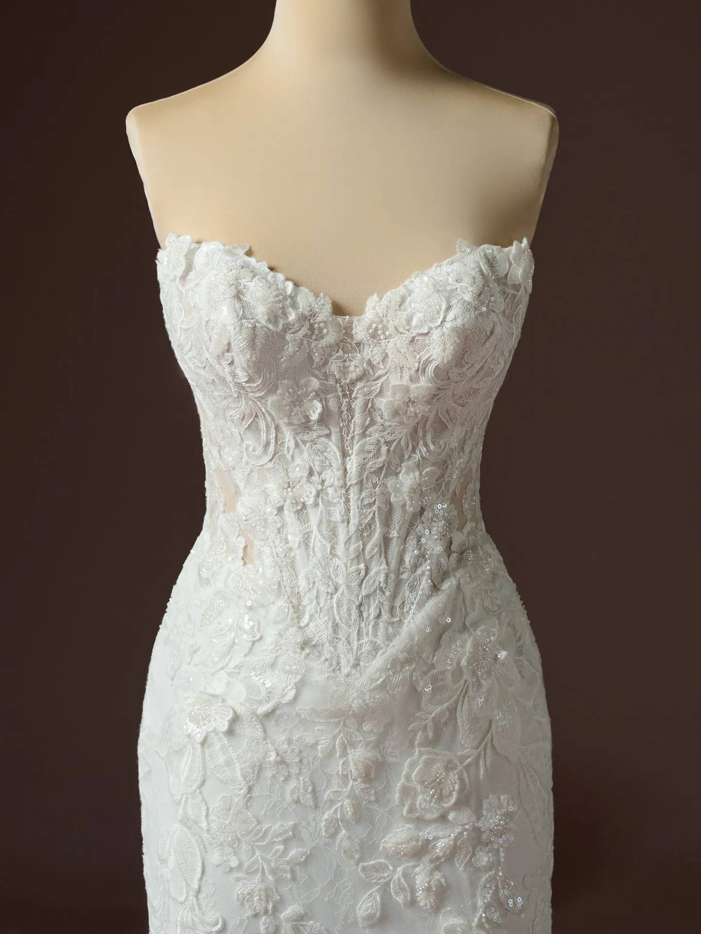 Maggie Sottero Estelle front view, beaded lace wedding dress with 3D floral details.
