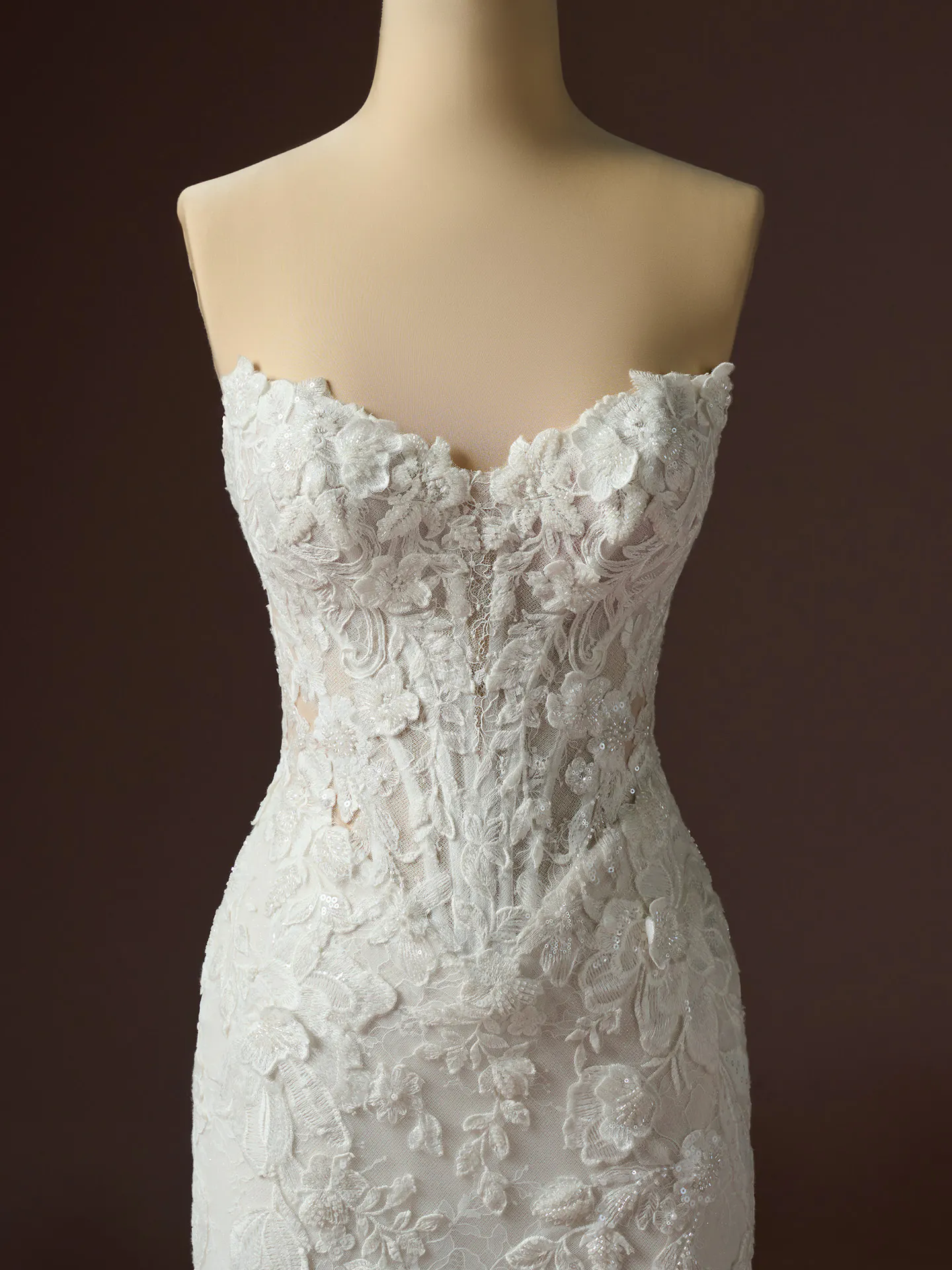 Maggie Sottero Estelle front view; beaded 3-D lace wedding dress.