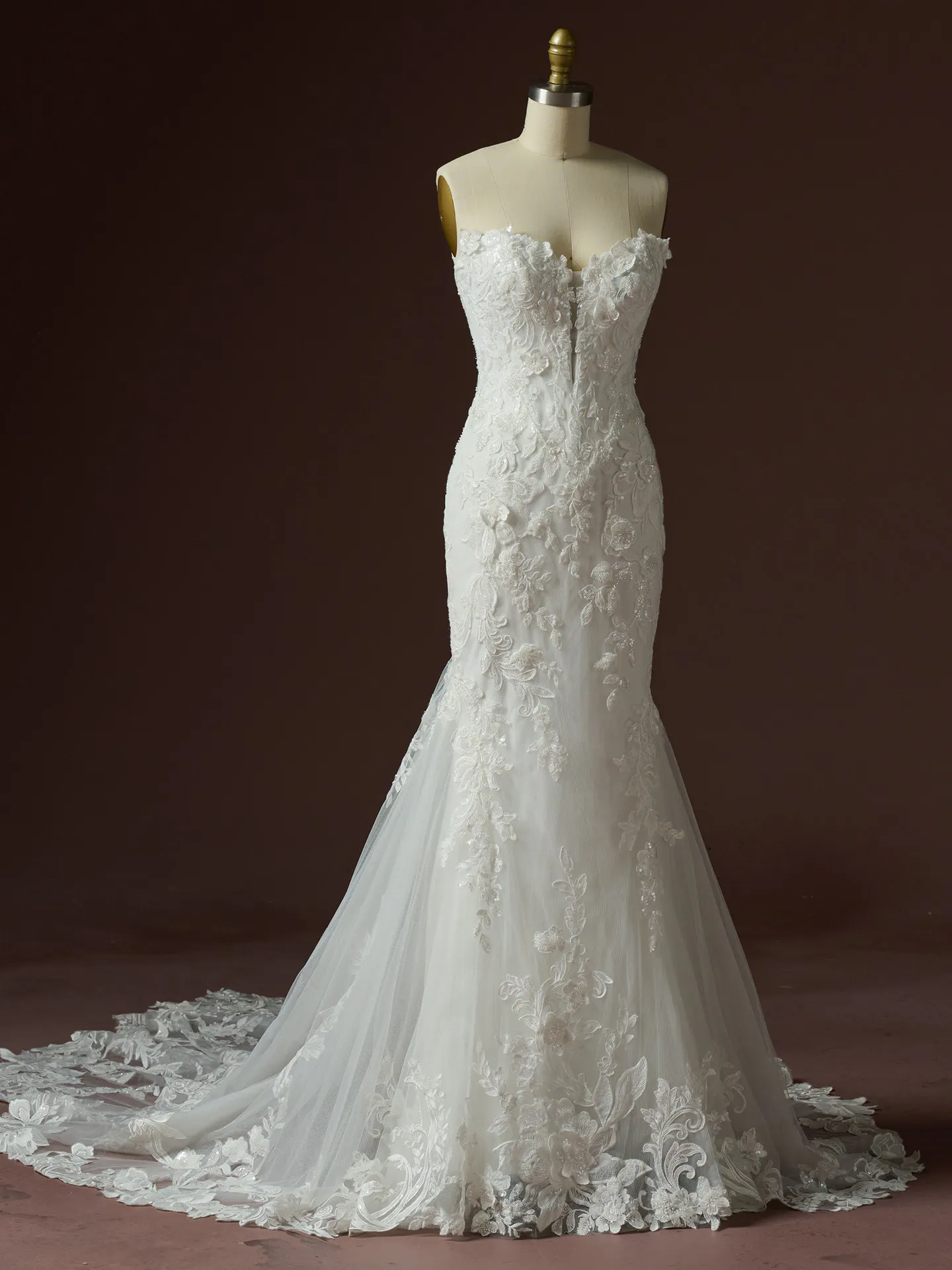 Maggie Sottero Estelle front view beaded lace wedding dress on mannequin.