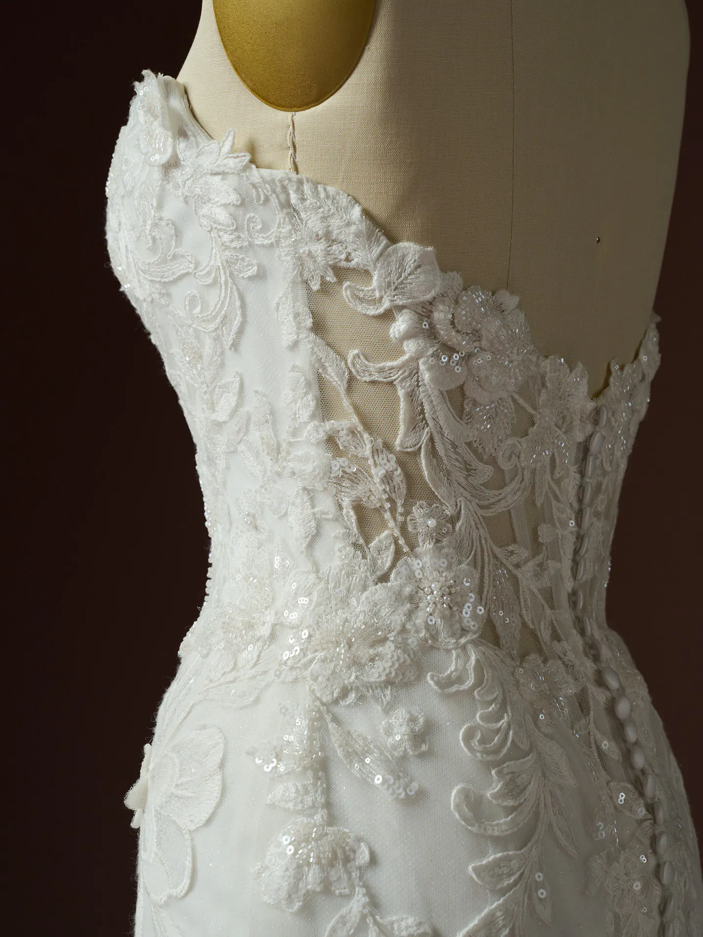 Estelle Beaded Lace Basque Waist detail, side view, Maggie Sottero.