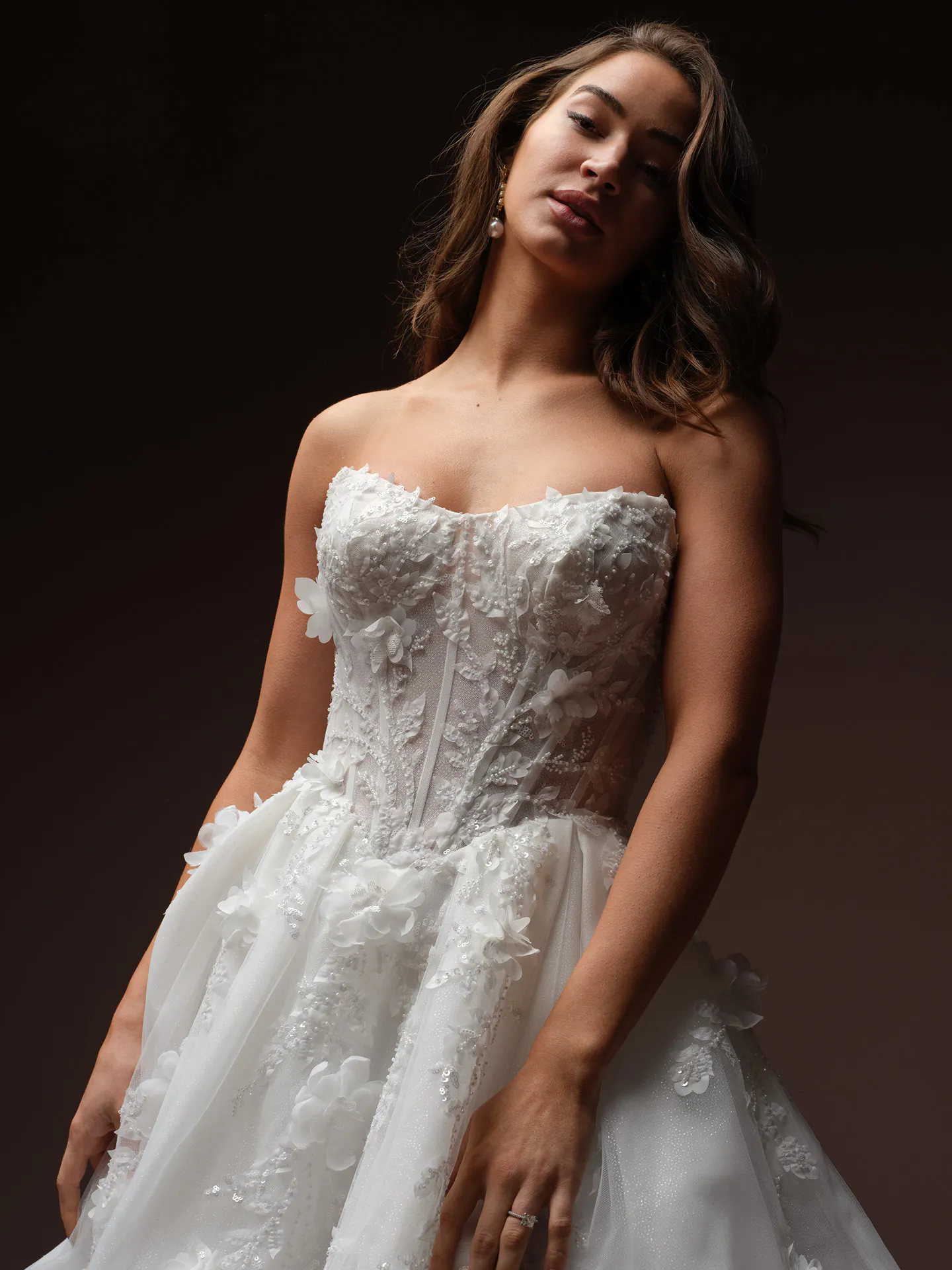 Maggie Sottero Fern front view 3D floral lace wedding dress.