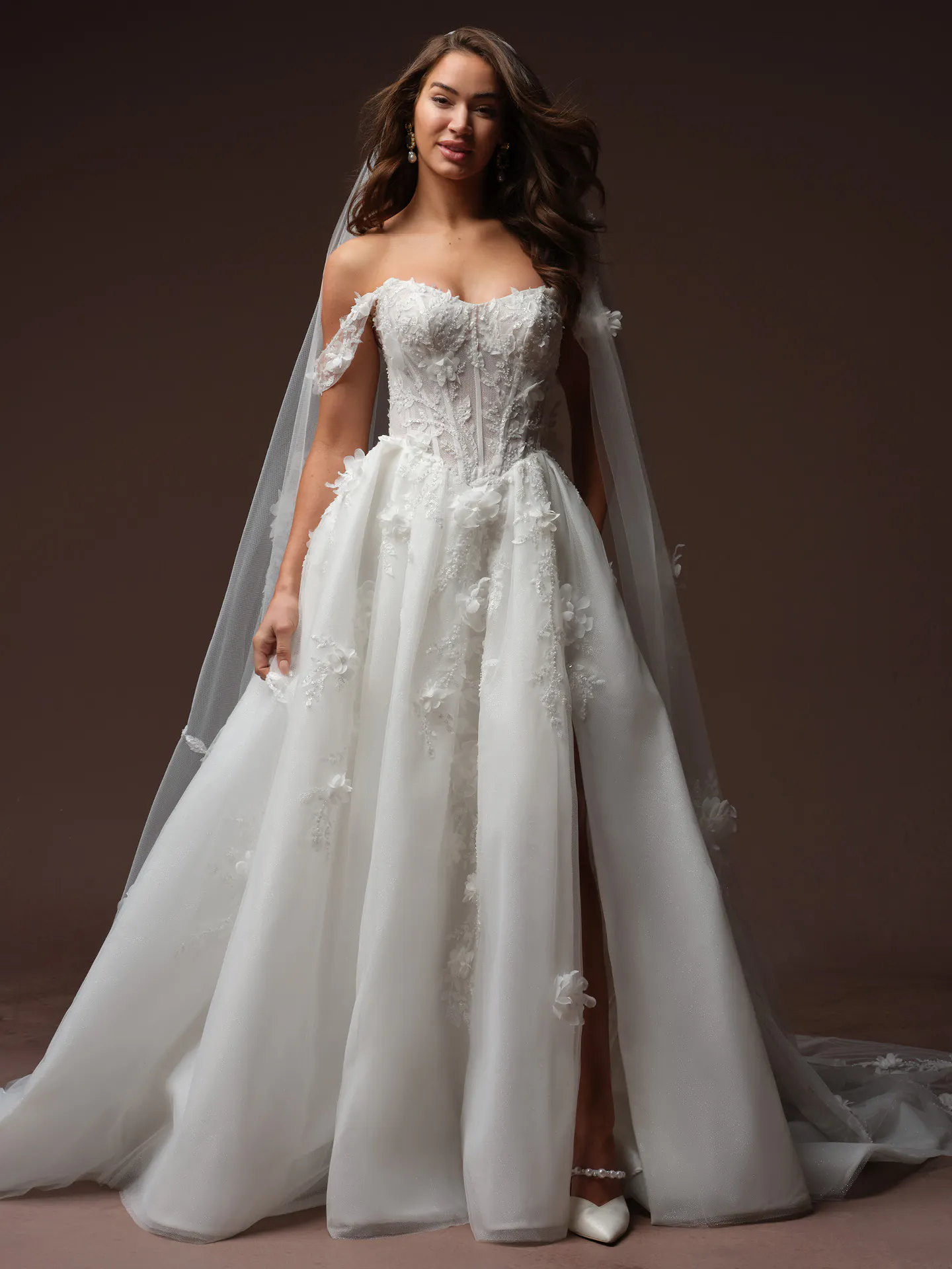 Maggie Sottero Fern front view 3 D floral lace cat eye wedding dress.