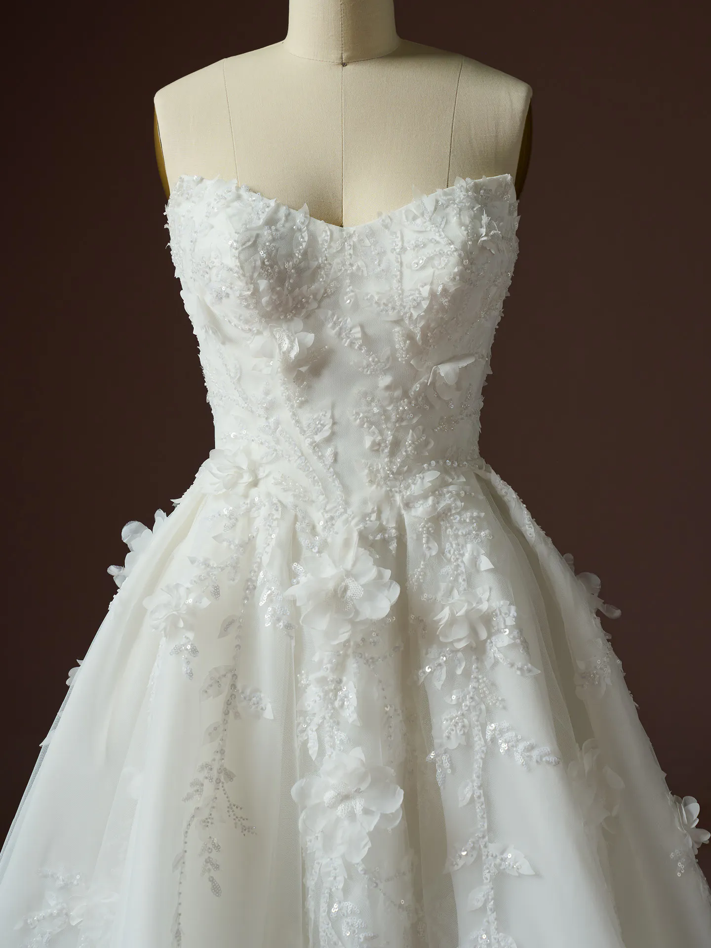 Maggie Sottero Fern 3 D floral lace wedding dress front view.