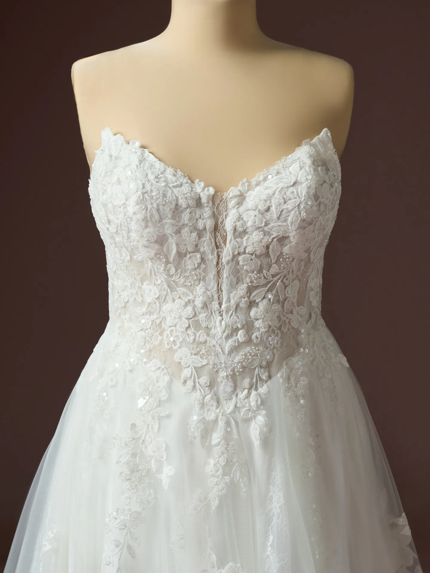 Maggie Sottero Hadley beaded lace A-line wedding dress front view.