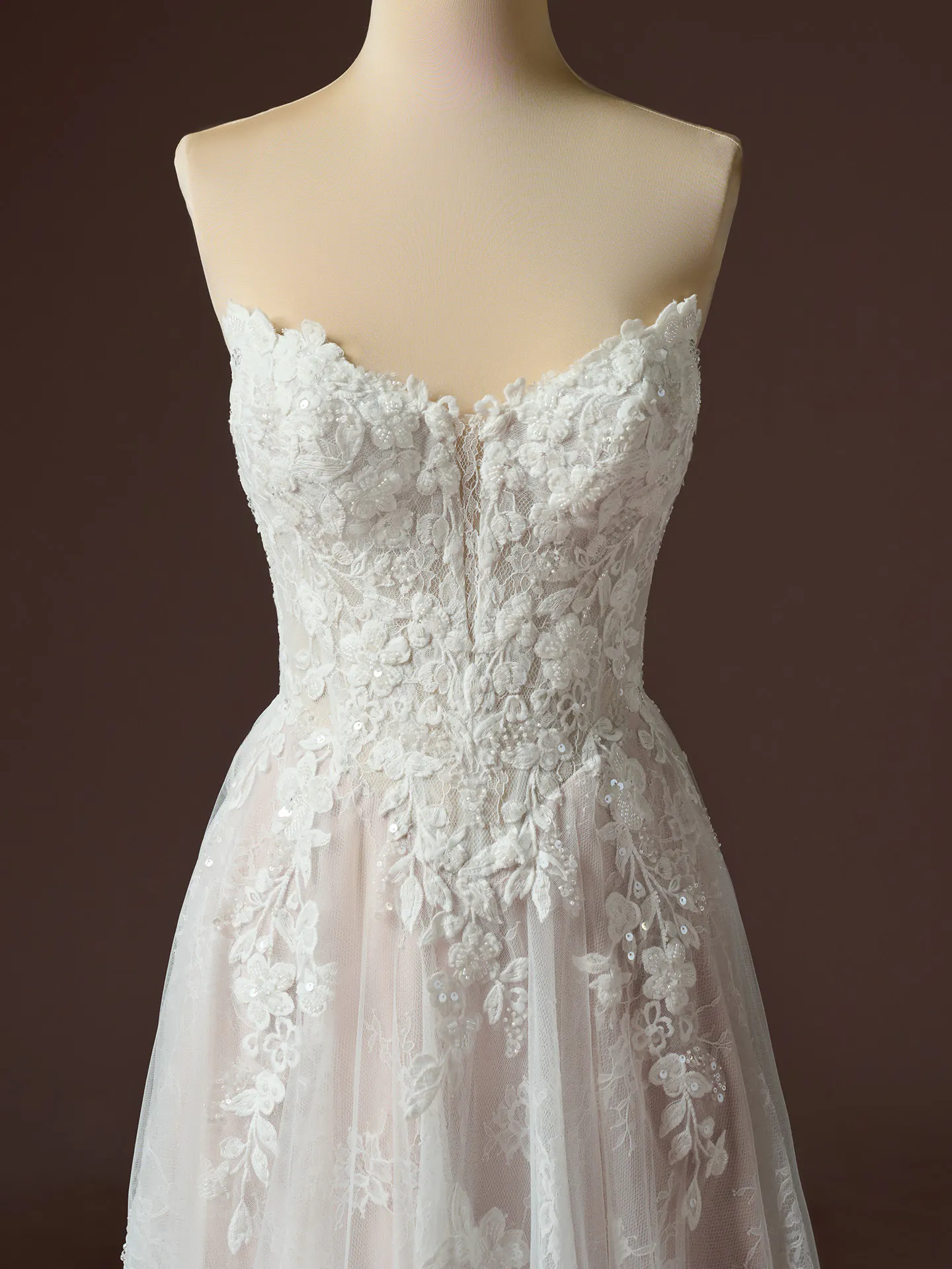 Maggie Sottero Hadley beaded lace A Line wedding dress front view.