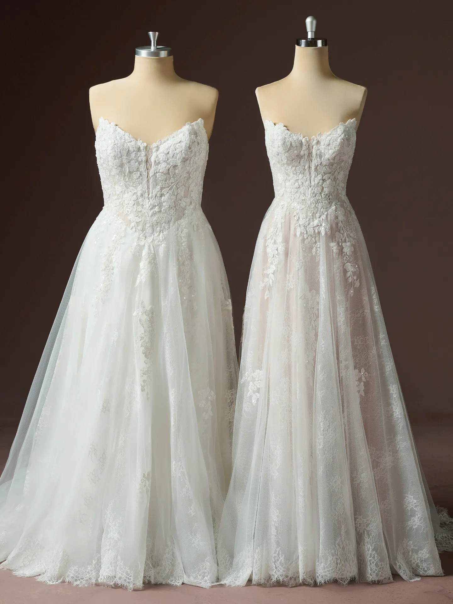 Maggie Sottero Hadley beaded lace A-line dresses on mannequins front view.
