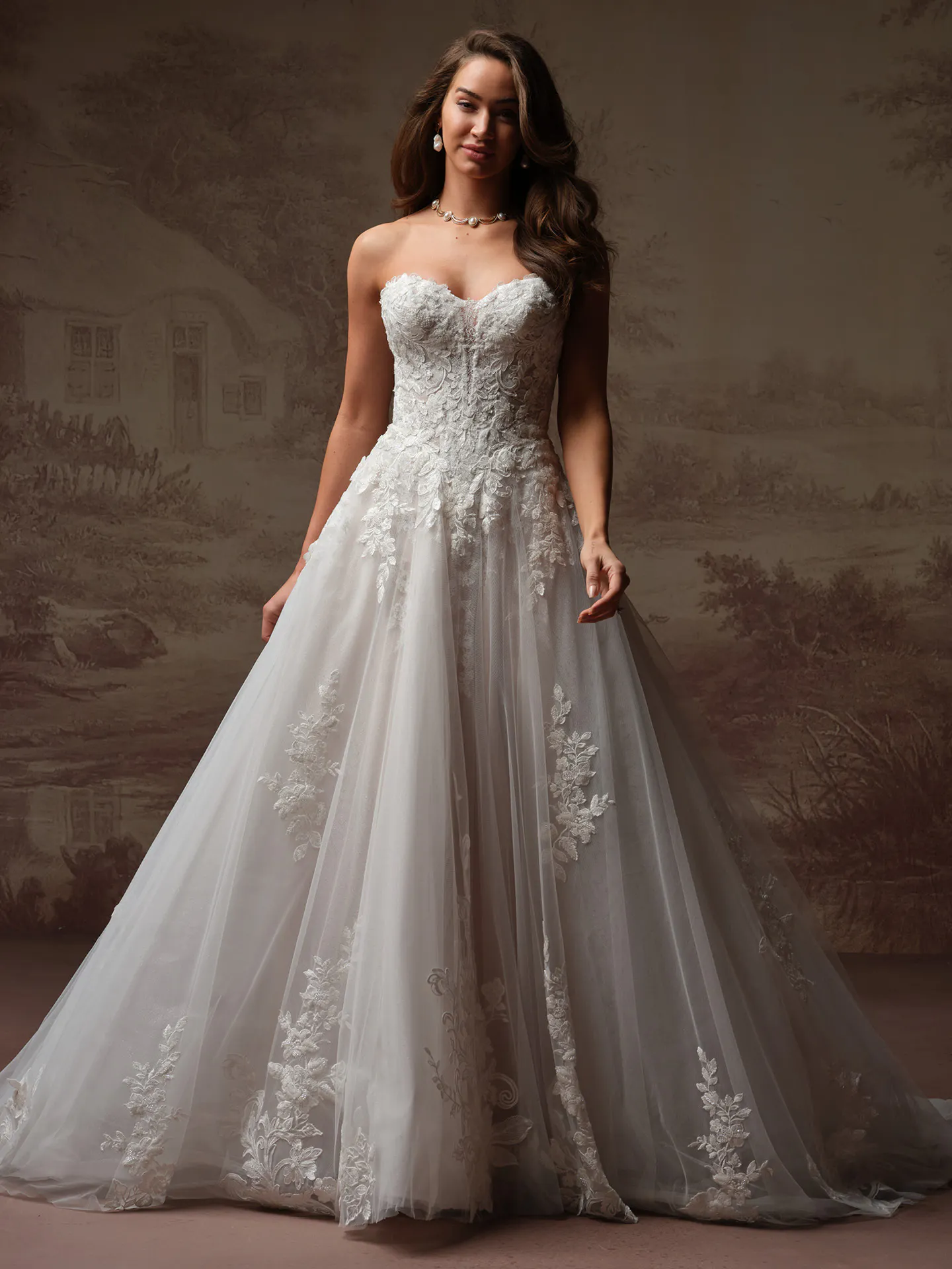 Kate beaded 3 D floral lace A-line wedding dress front view, Maggie Sottero.