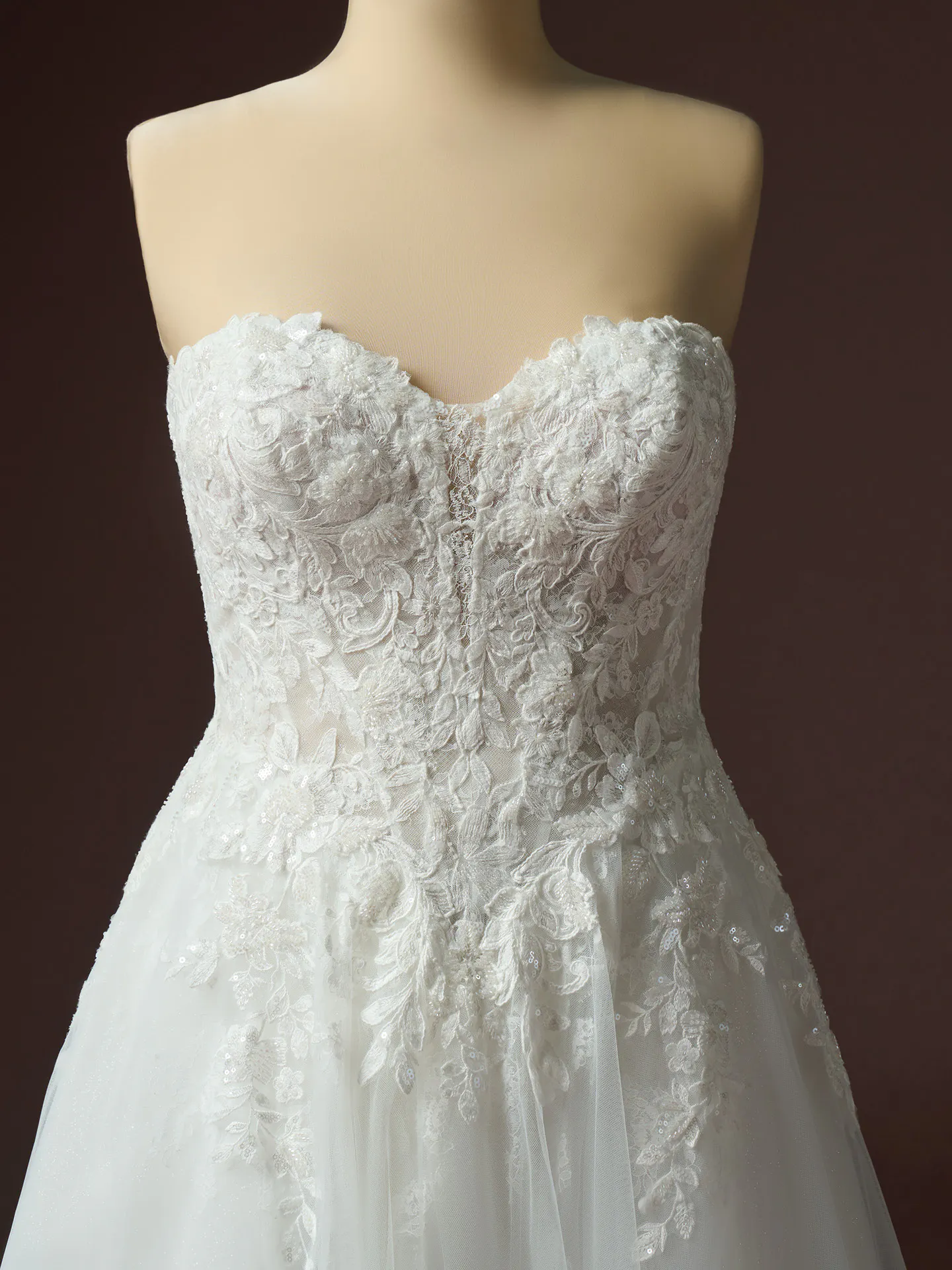 Maggie Sottero Kate floral lace A-line wedding dress front view.