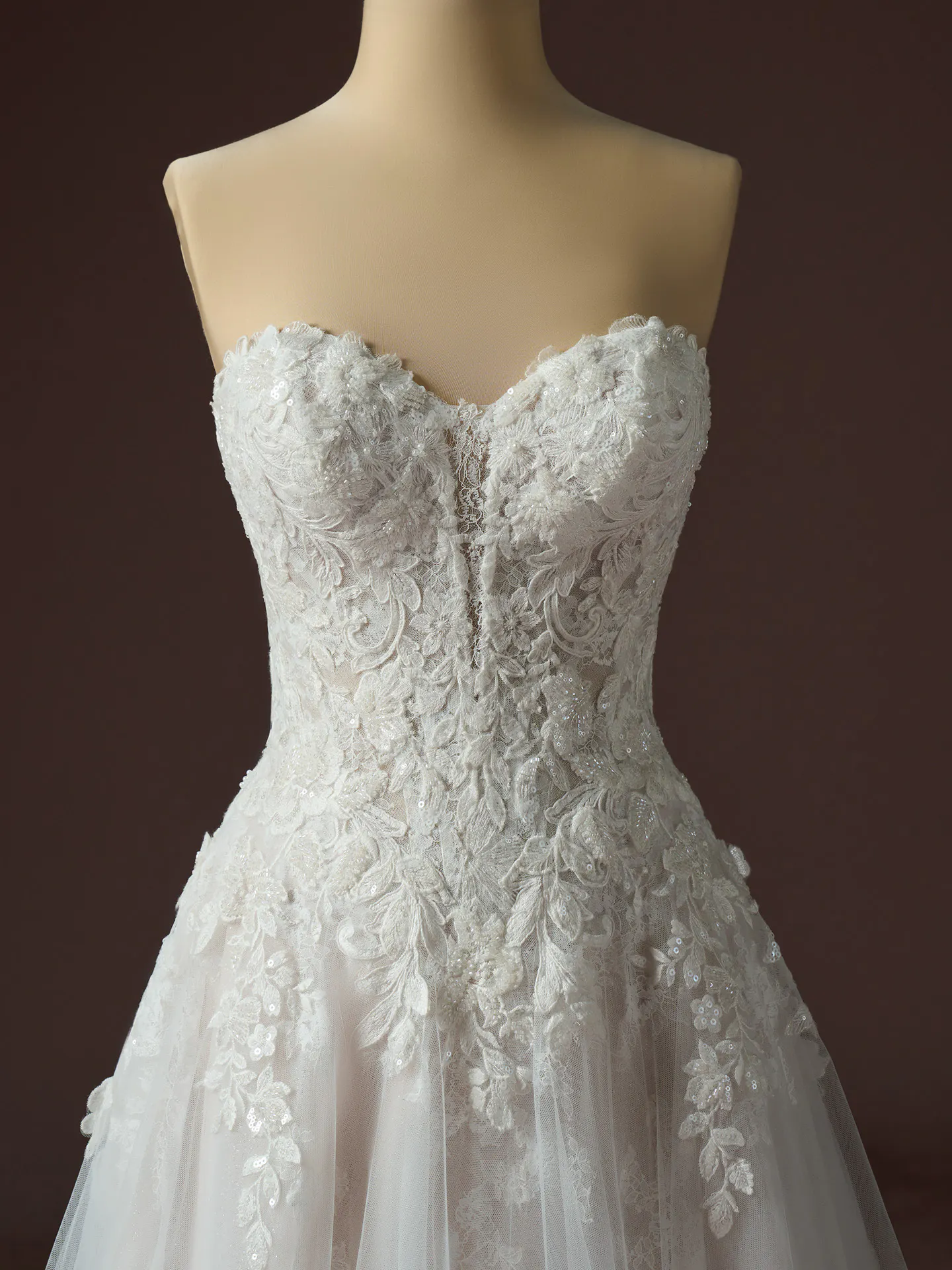 Kate beaded floral lace A-line wedding dress front view.