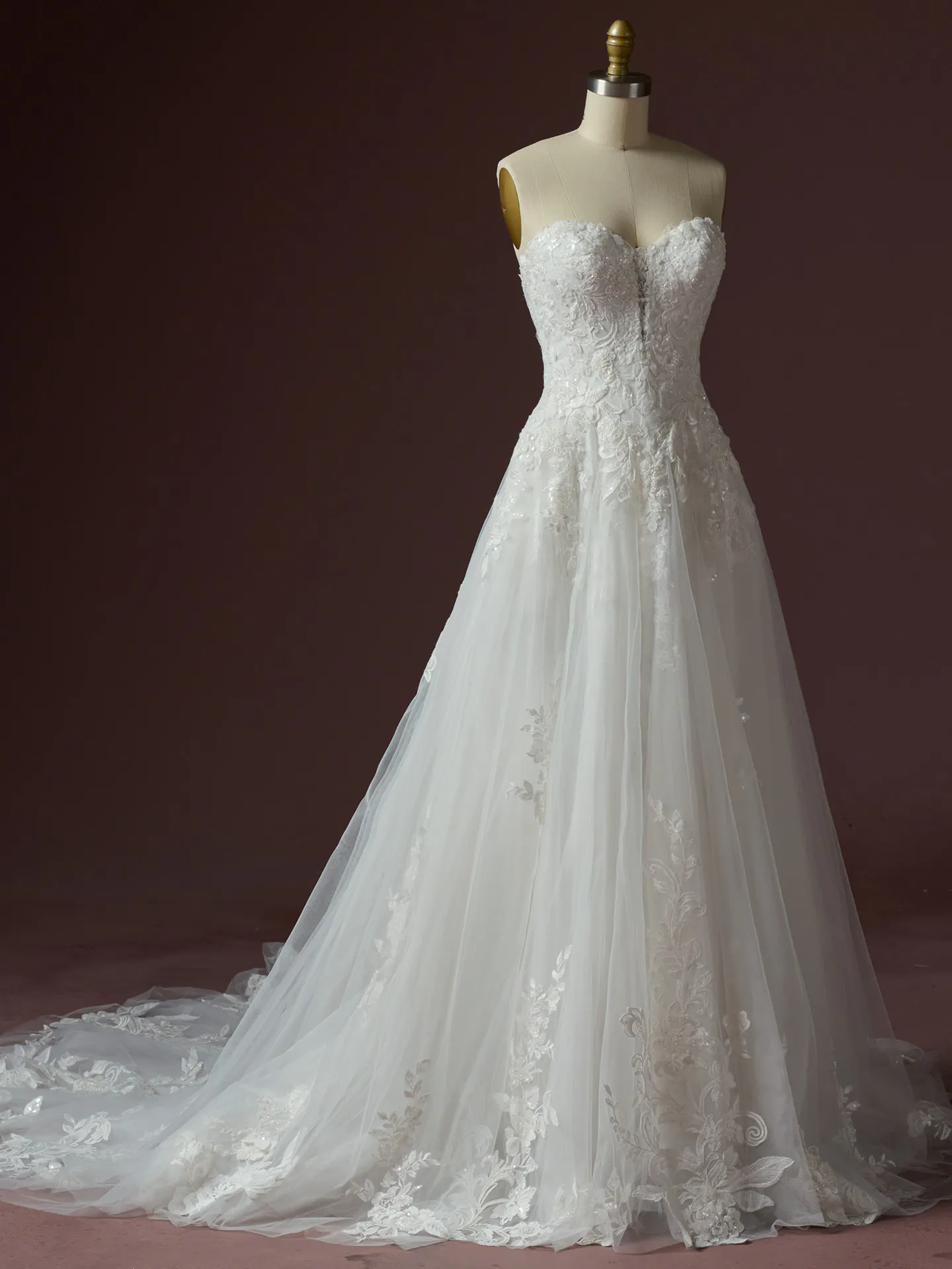 Maggie Sottero Kate A Line front view elegant floral lace wedding dress.