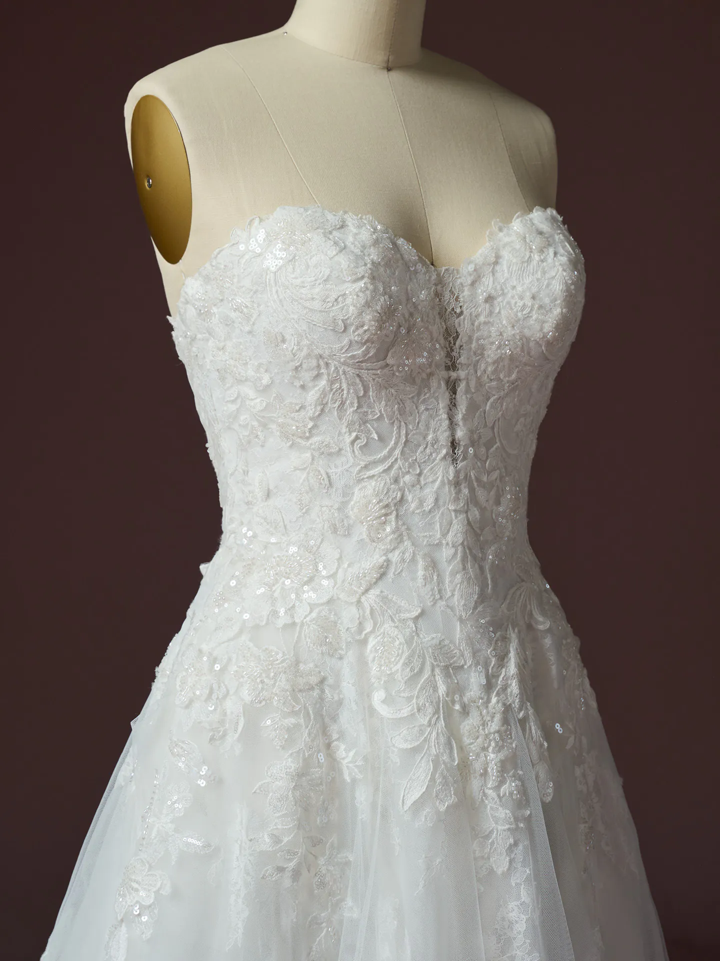 Maggie Sottero Kate front view lace A-line dress.