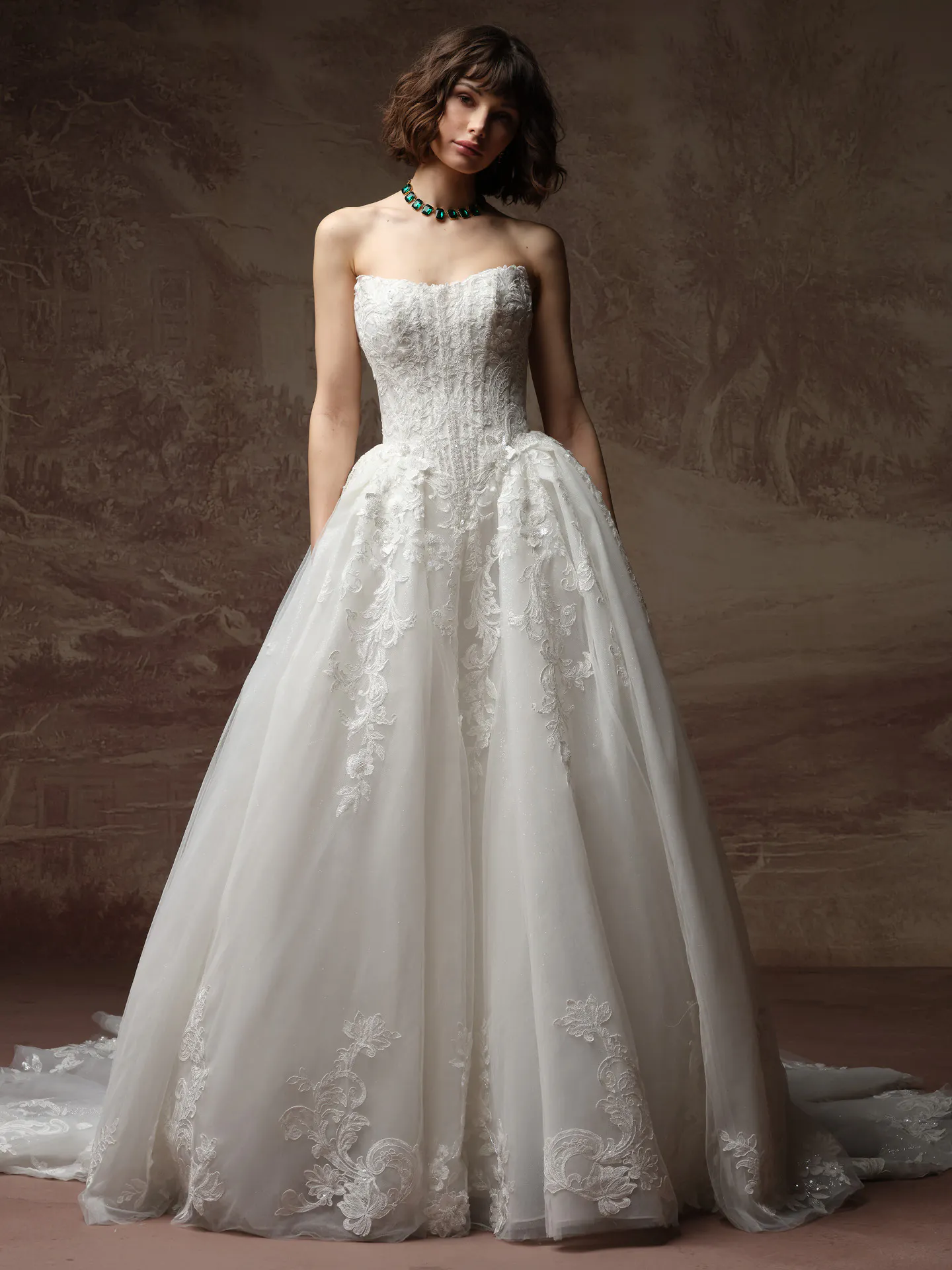 Maggie Sottero Lyra front view glitter tulle basque waist wedding dress.