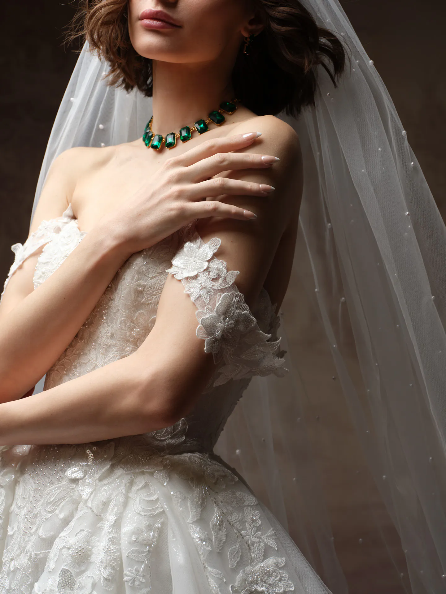 Lyra glitter tulle basque waist dress, lace detail, side view, Maggie Sottero.