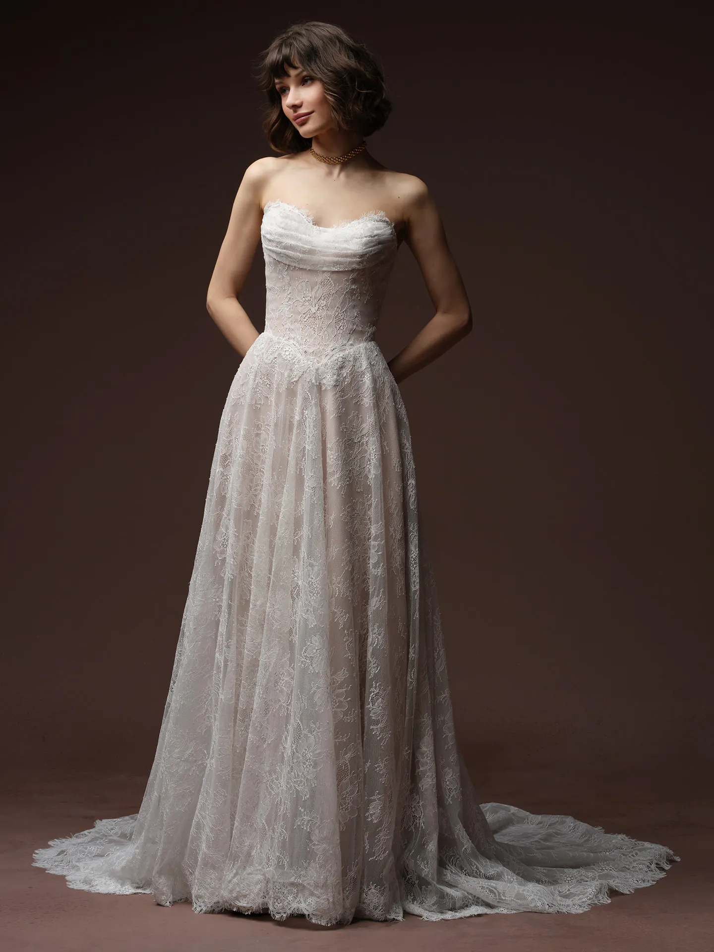 Maelle Chantilly Lace A Line wedding dress front view Maggie Sottero.