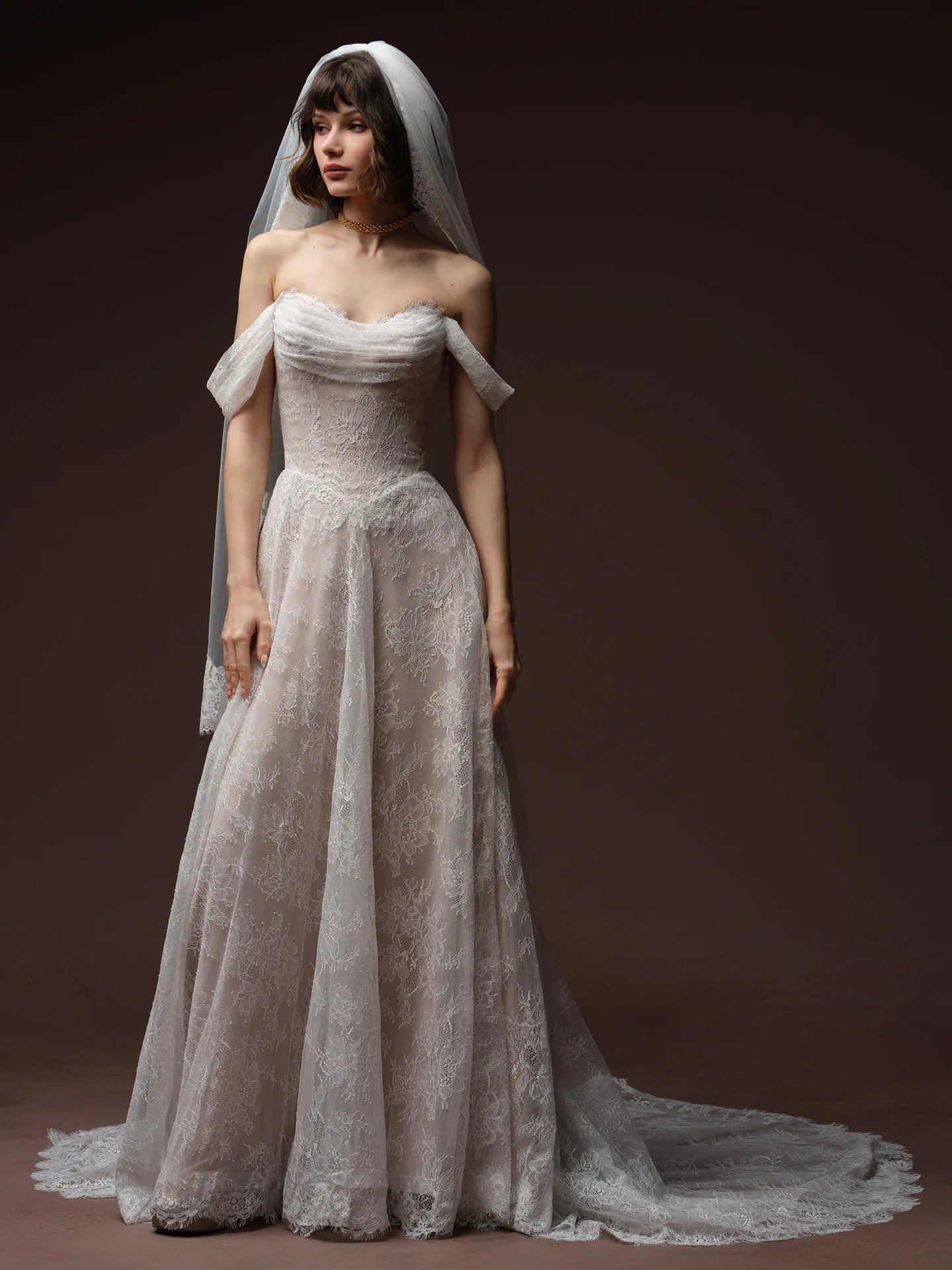 Maelle Chantilly Lace ALine wedding dress front view Maggie Sottero.