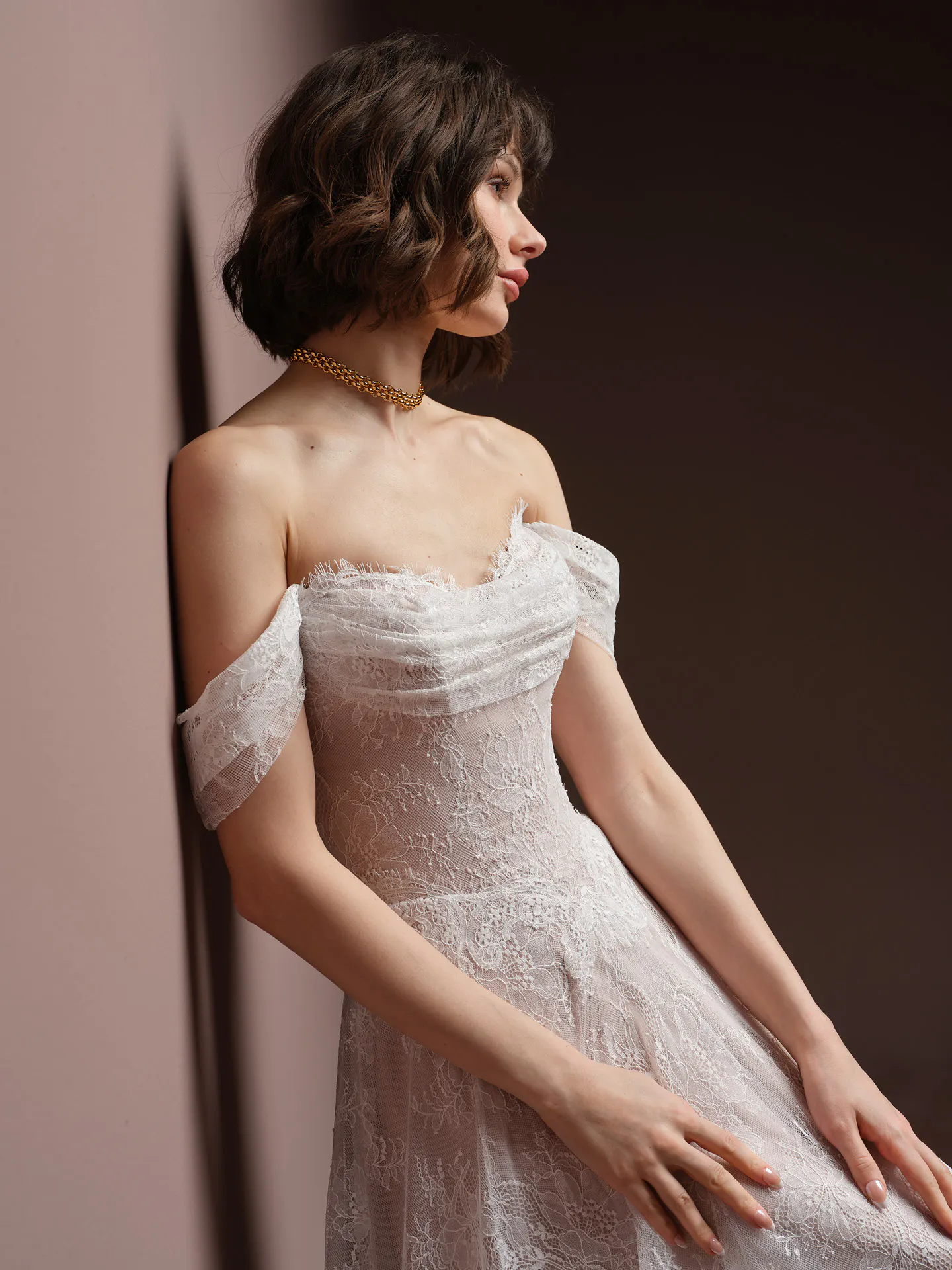 Maelle Chantilly Lace A Line dress side view in Maggie Sottero collection.