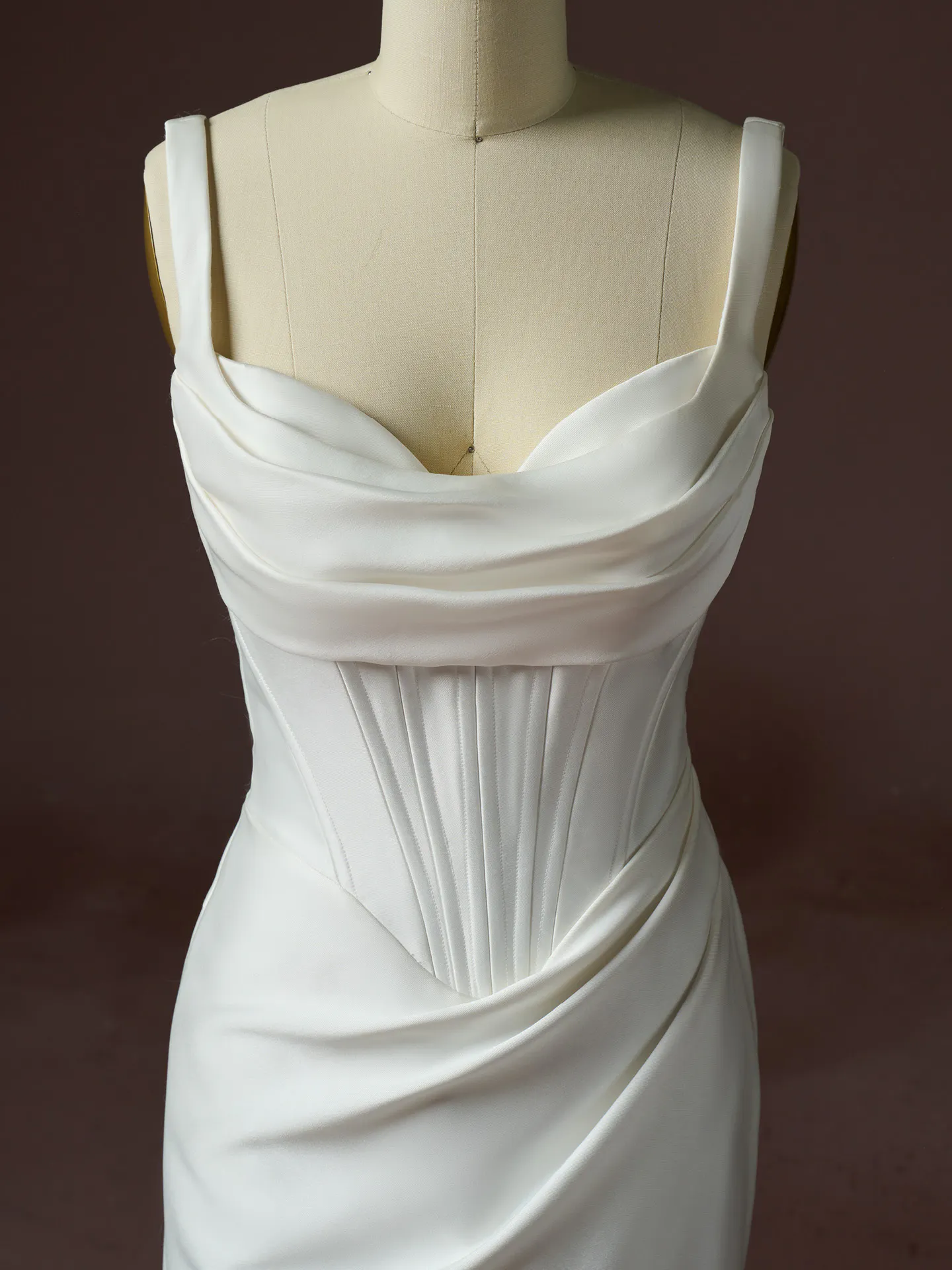 Maggie Sottero Melissa front view satin mermaid dress on mannequin.