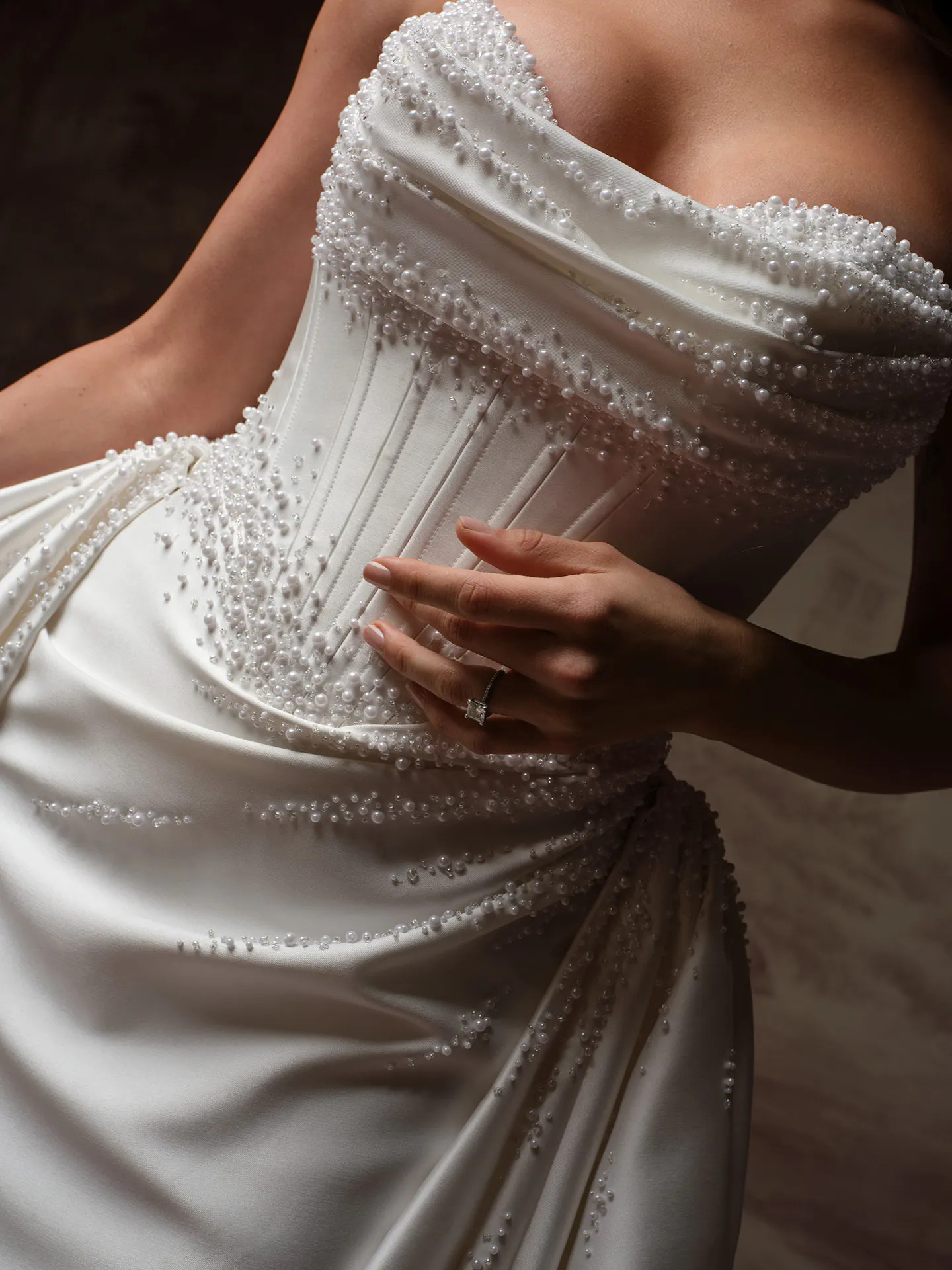 Maggie Sottero Melissa close up, pearl adorned satin mermaid bodice.