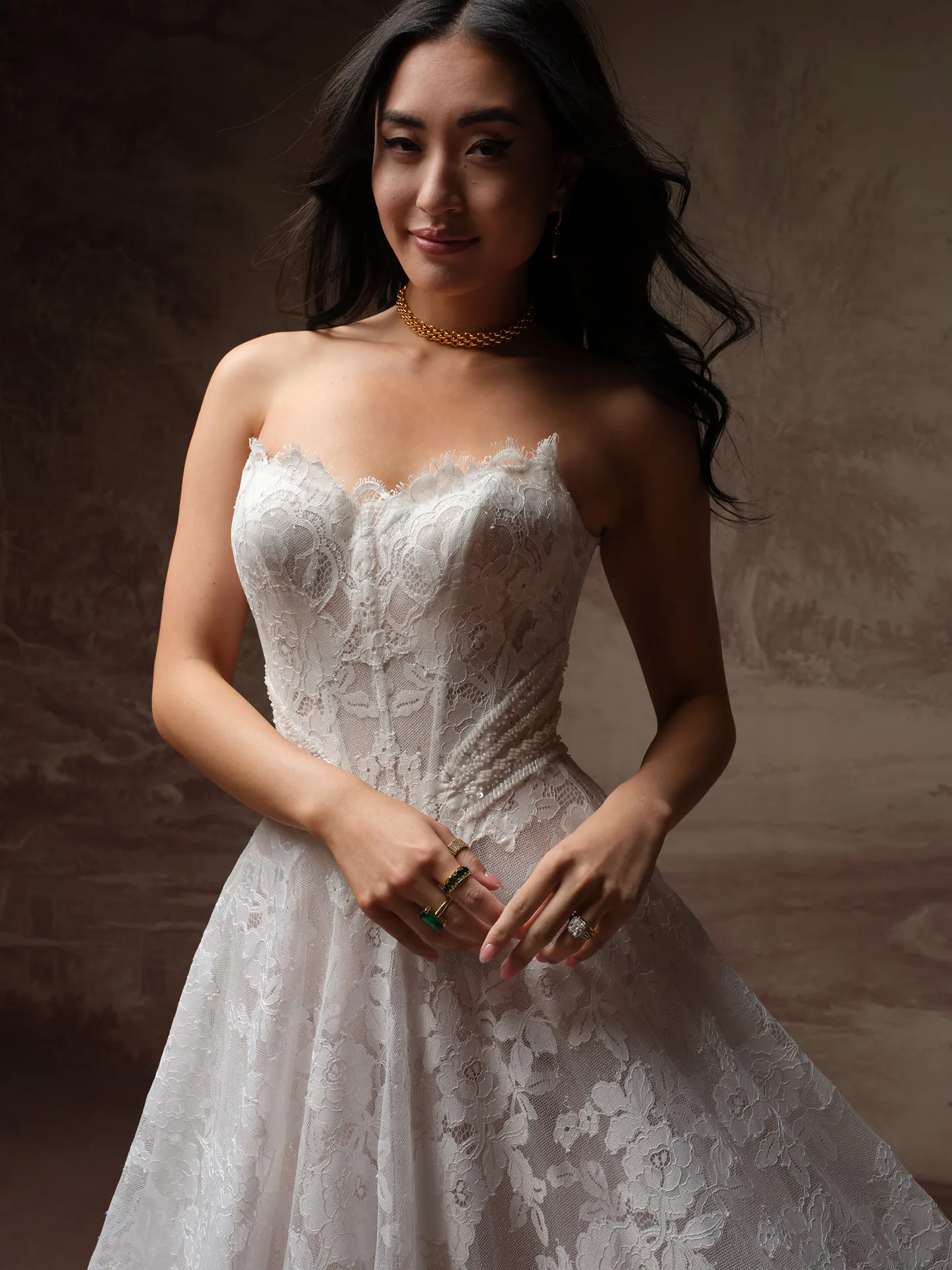 Maggie Sottero Mischa dress front view, lace glitter tulle A-line design.