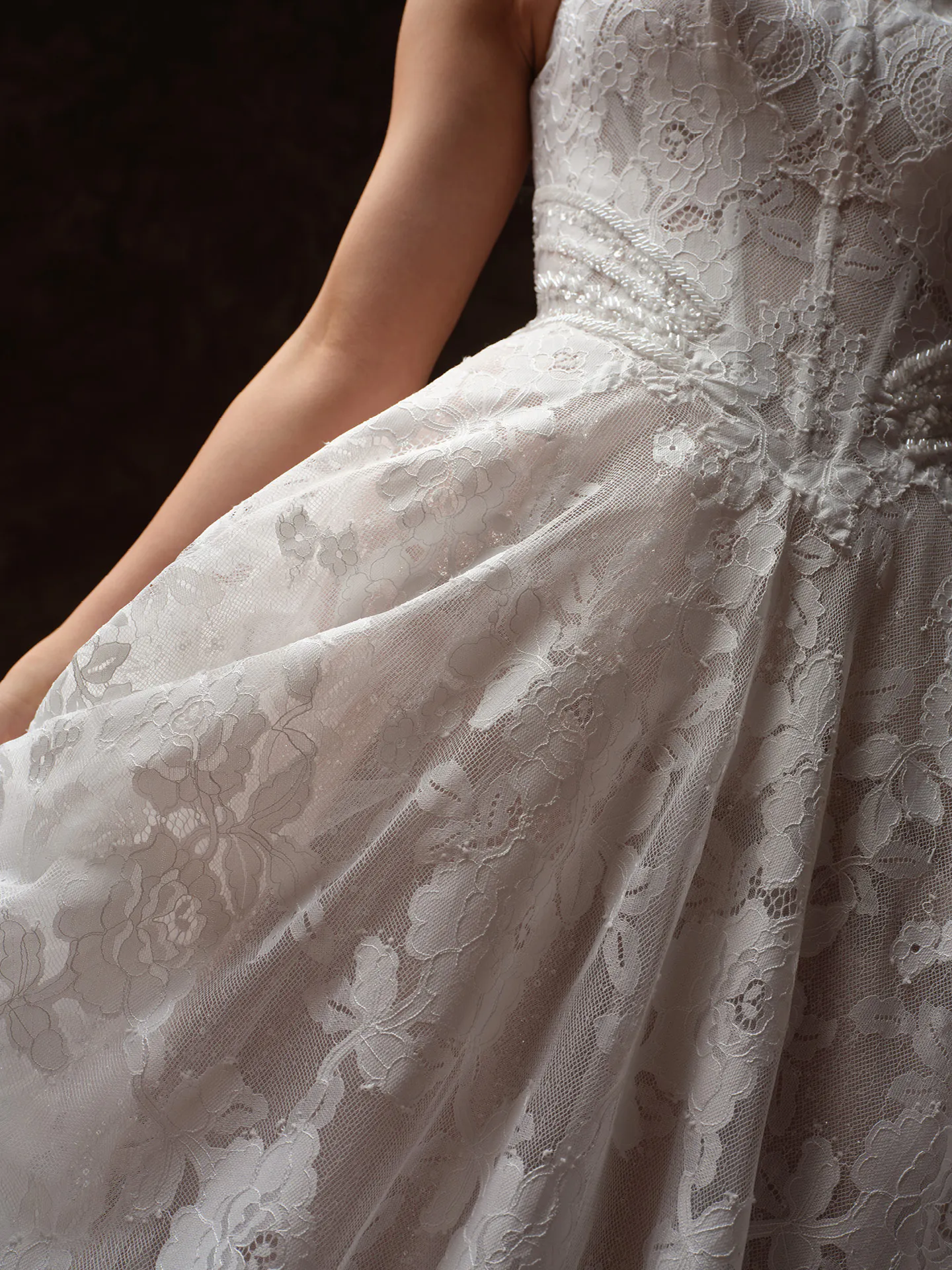 Maggie Sottero Mischa lace glitter tulle A-line side view.