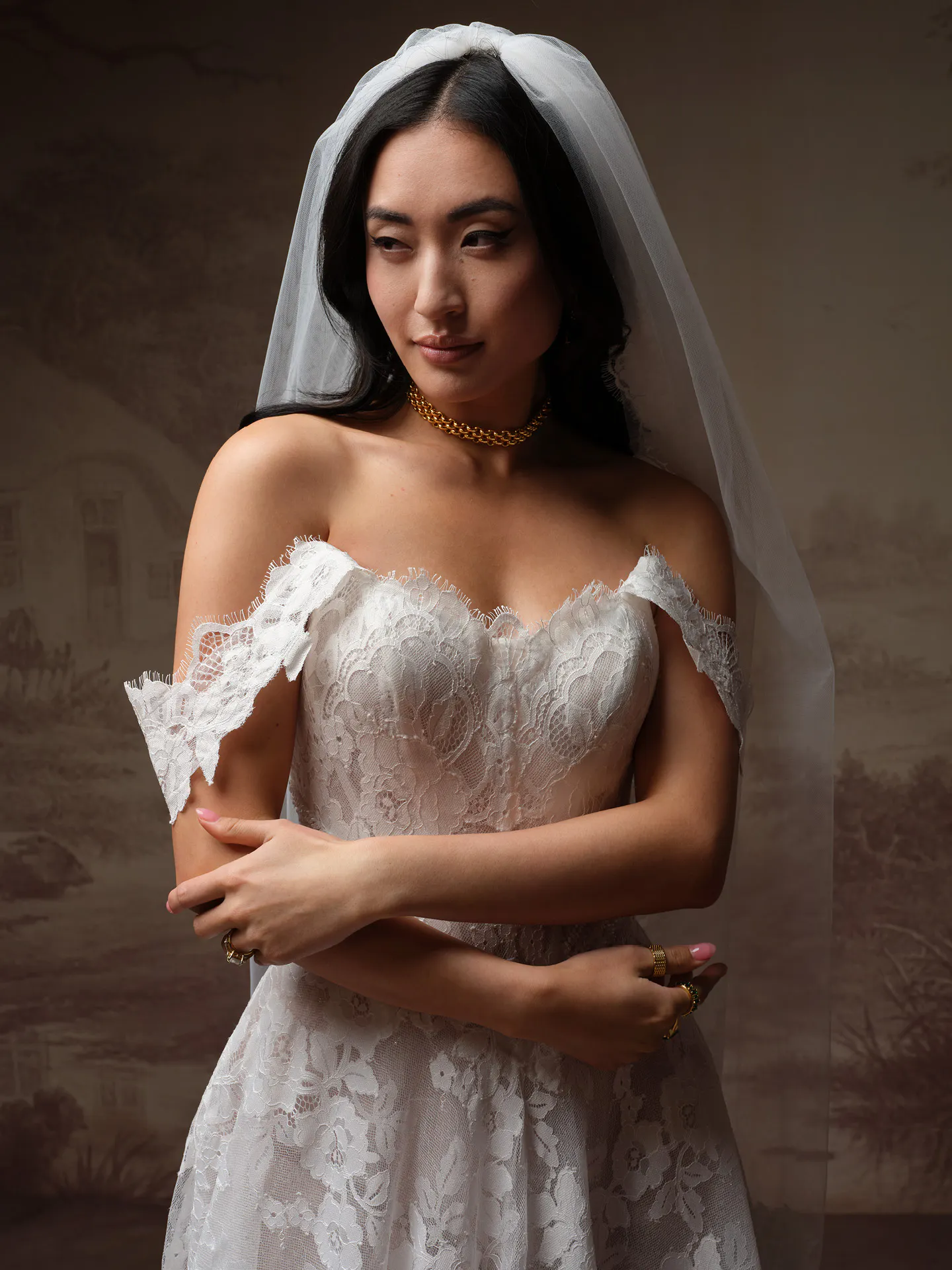 Maggie Sottero Mischa front view lace glitter tulle A-line wedding dress.