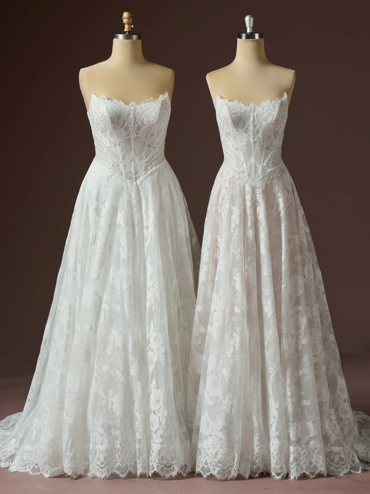 Maggie Sottero Mischa lace glitter tulle A-line dress front view.
