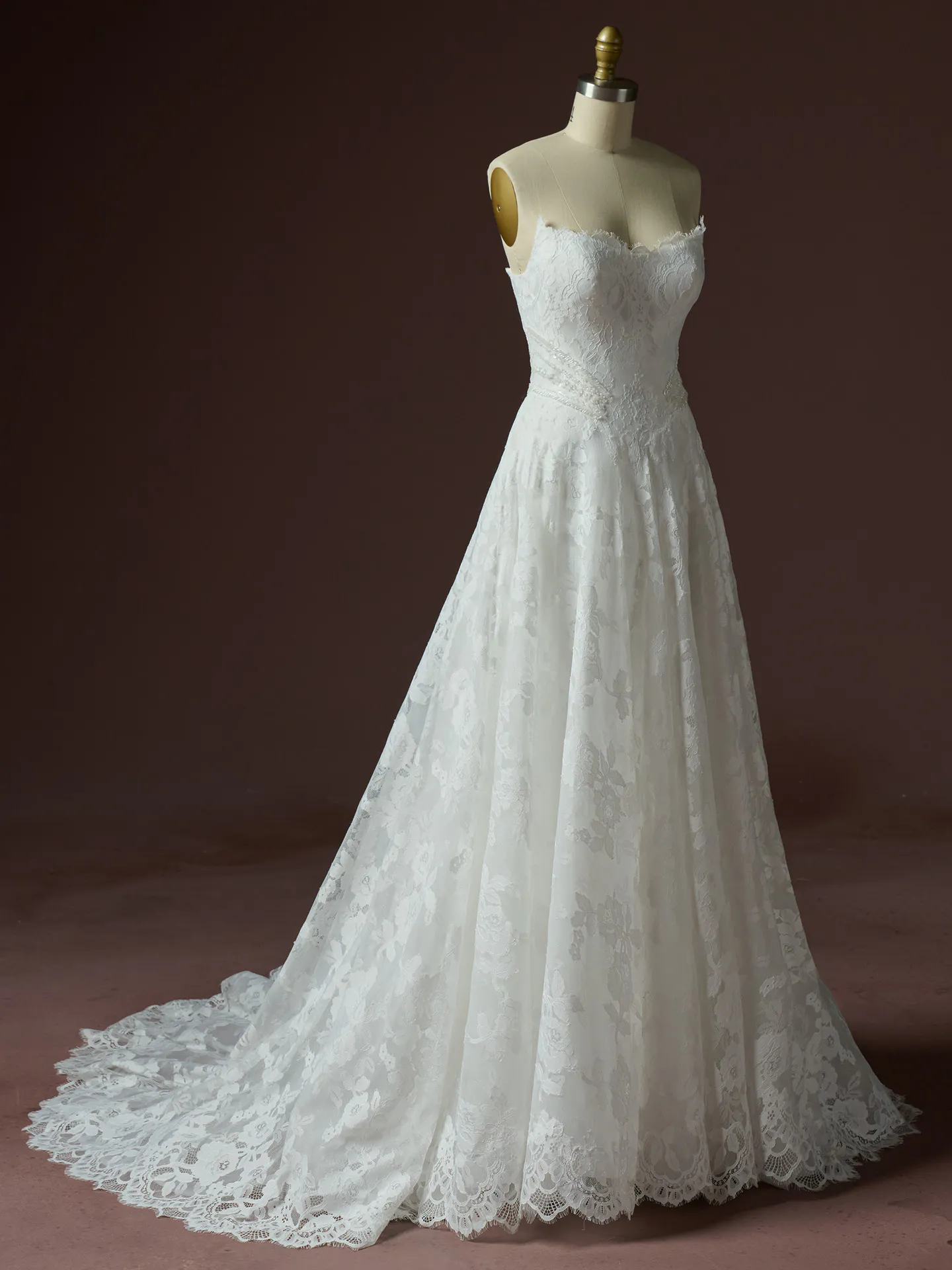Maggie Sottero Mischa lace glitter tulle A Line wedding dress front view.