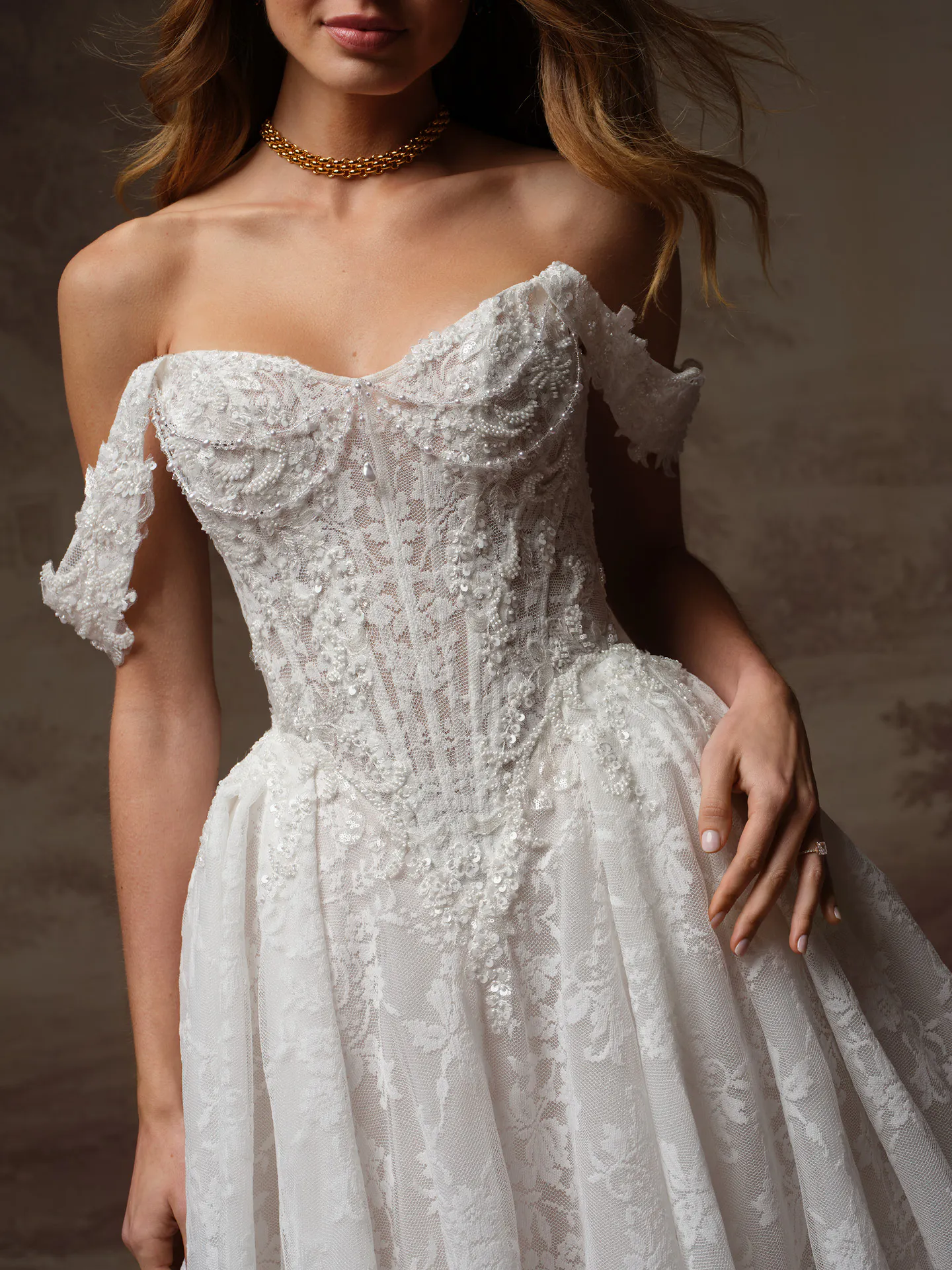 Ryland Chantilly lace ballgown front view.