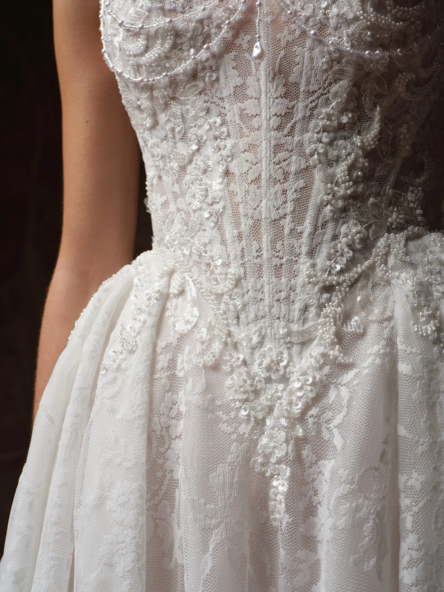 Ryland chantilly lace basque waist ballgown dress close up Maggie Sottero.
