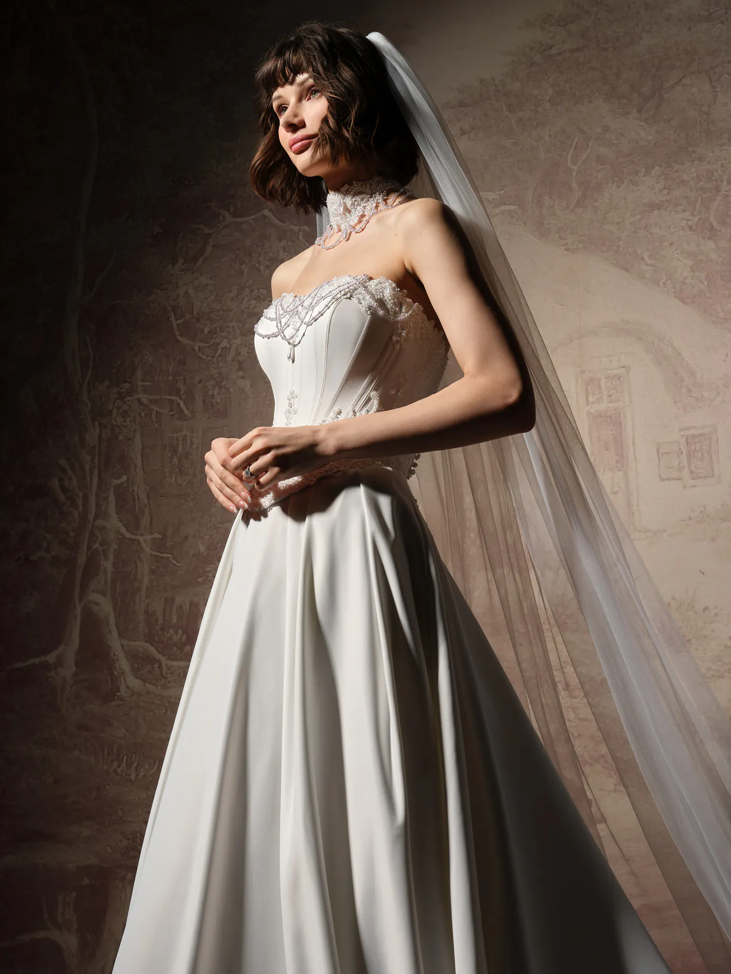 Seattle pearl detail satin A-line wedding dress front view.