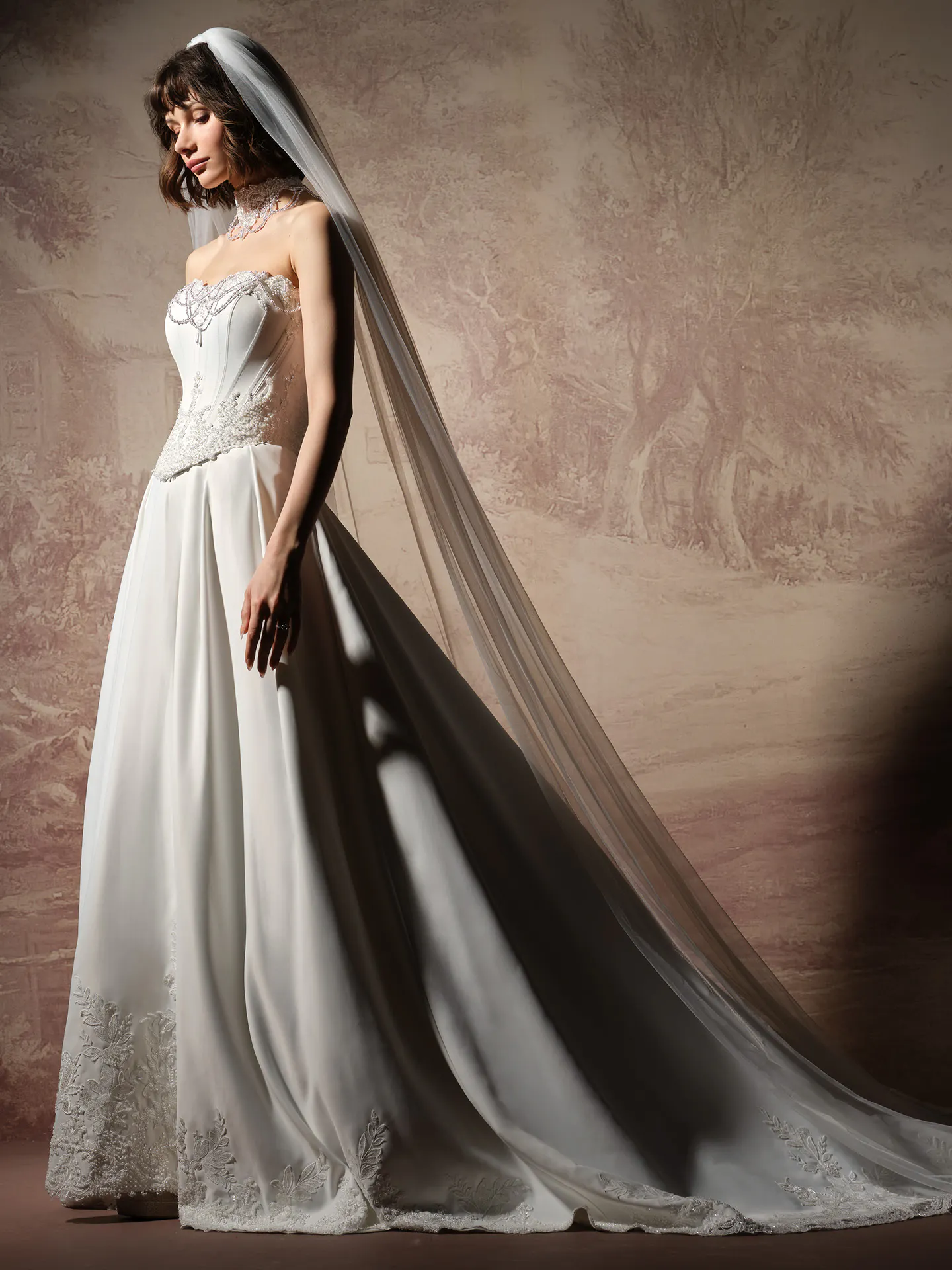 Seattle pearl satin A-line wedding dress side view Maggie Sottero.