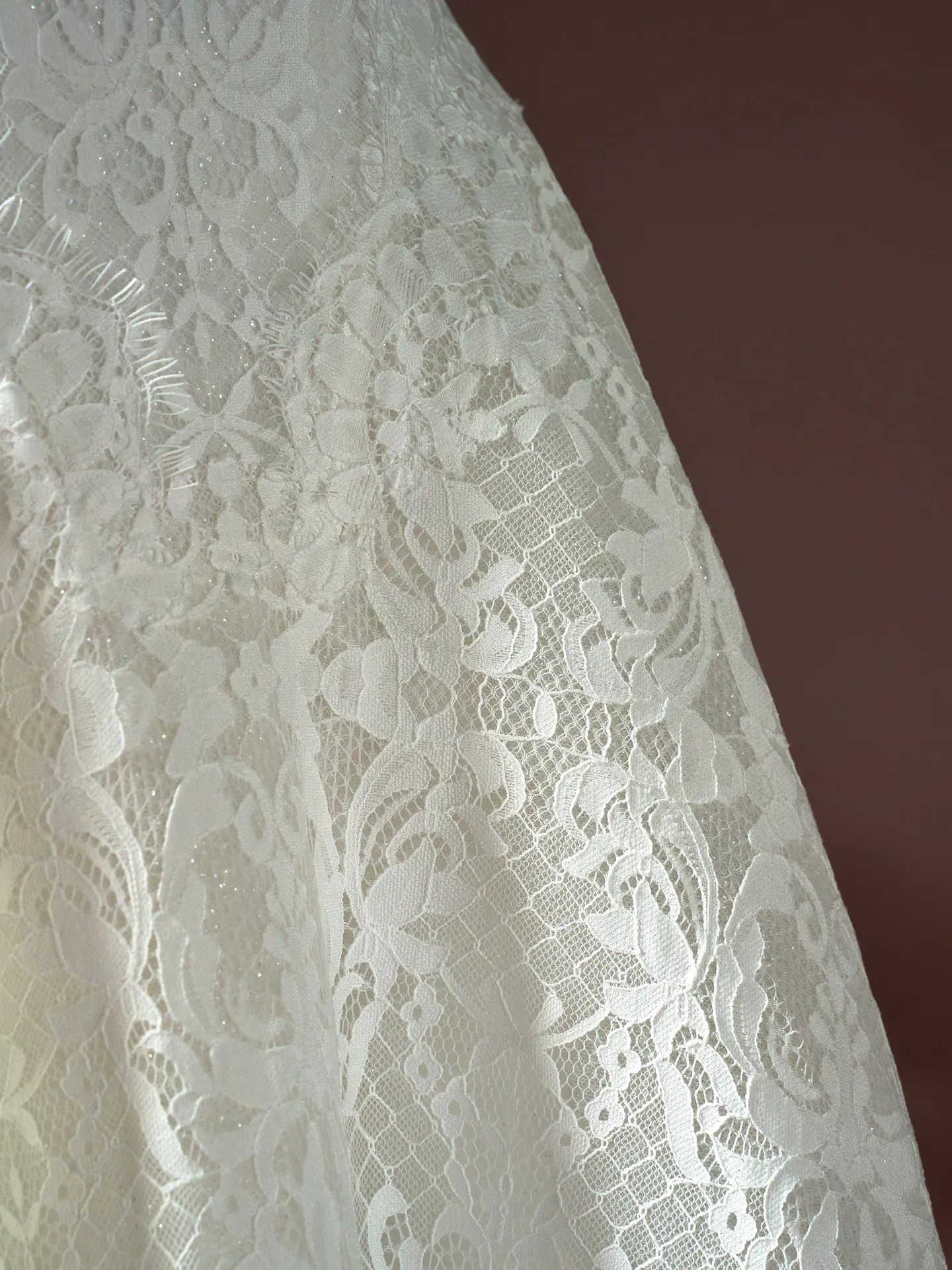 Maggie Sottero Serena lace detail ballgown wedding dress close up.