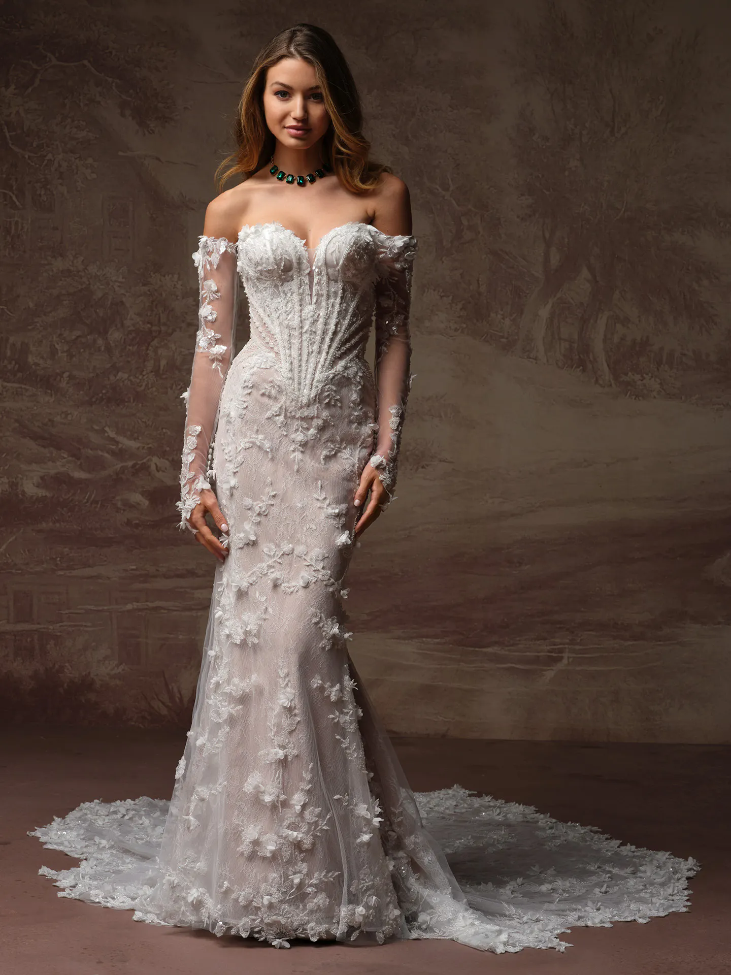 Maggie Sottero Stasia beaded lace sweetheart wedding dress front view.