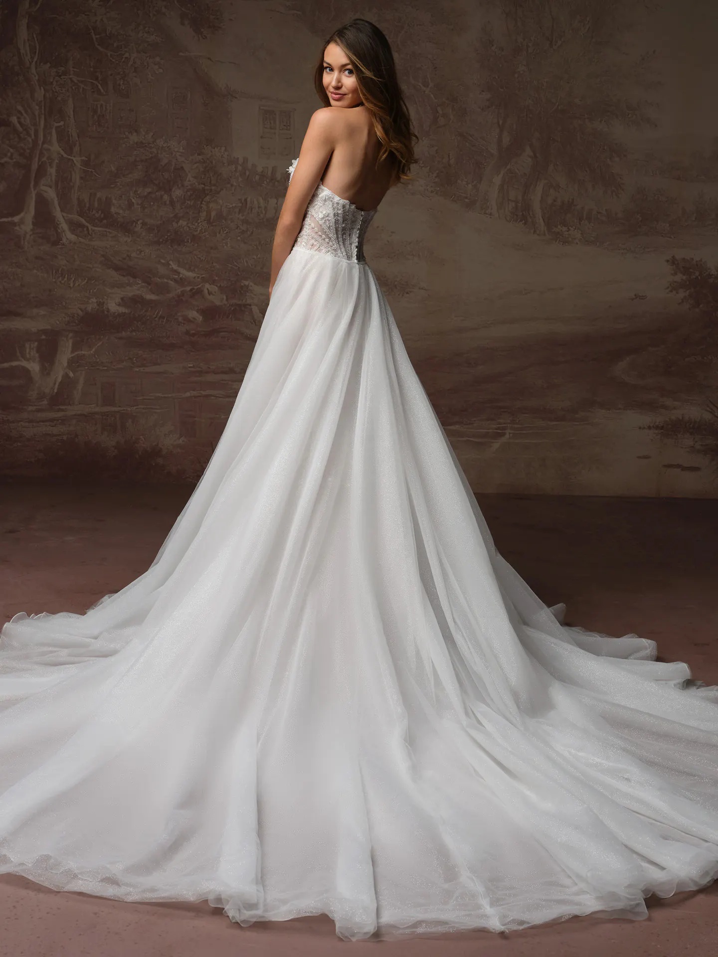 Maggie Sottero Stasia back view, beaded lace sweetheart wedding dress.