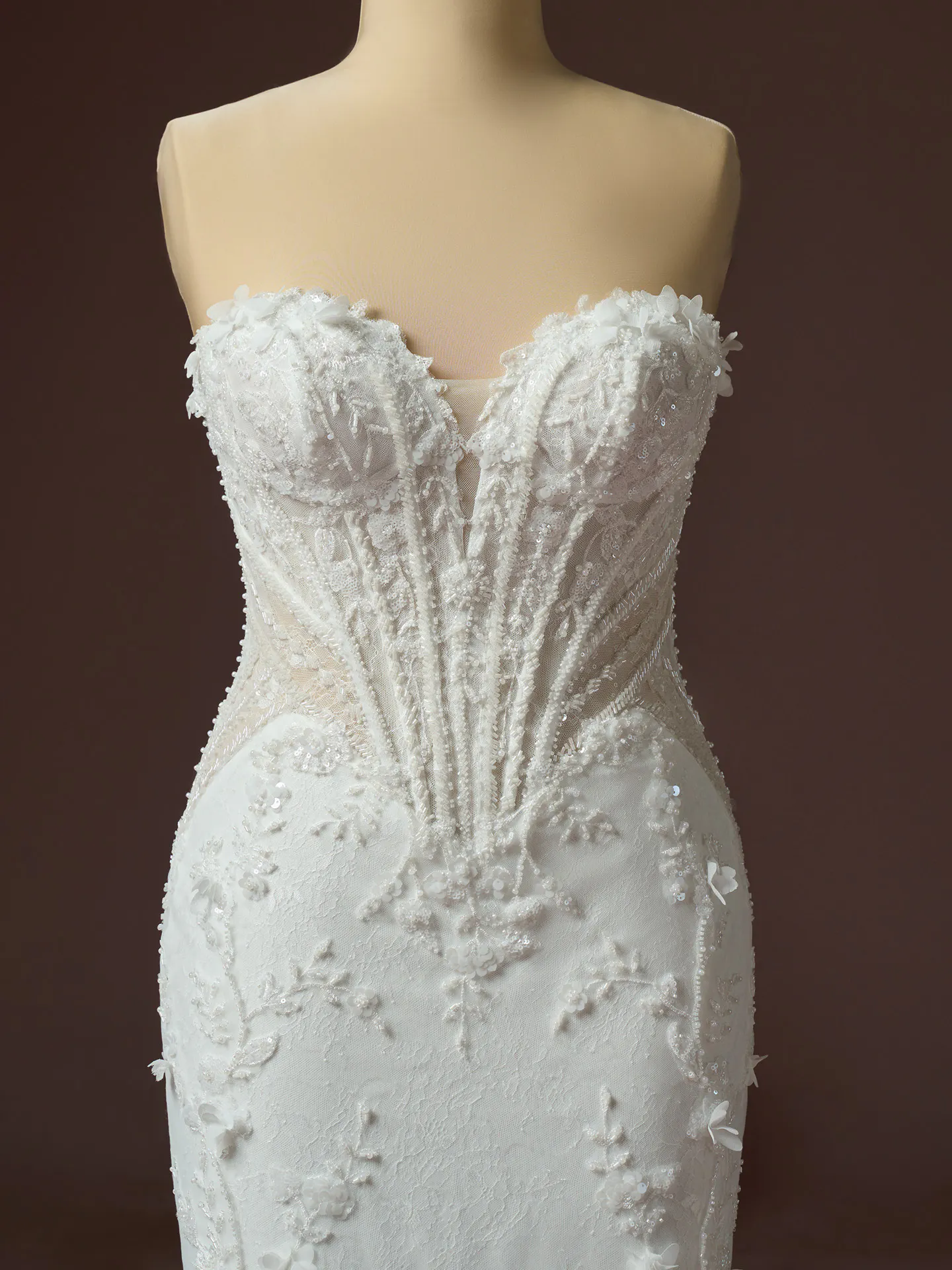 Maggie Sottero Stasia front view, beaded lace sweetheart wedding dress.