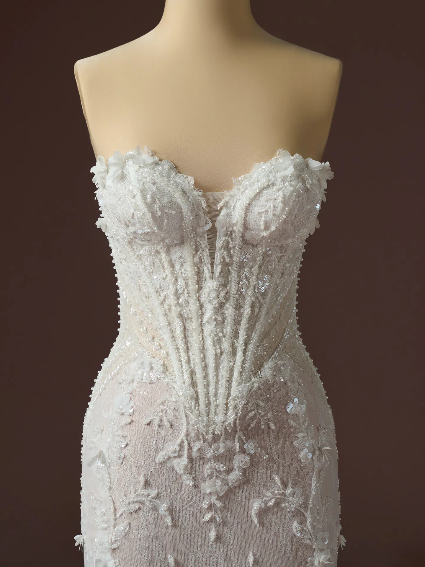Maggie Sottero Stasia front view beaded lace sweetheart dress detail.