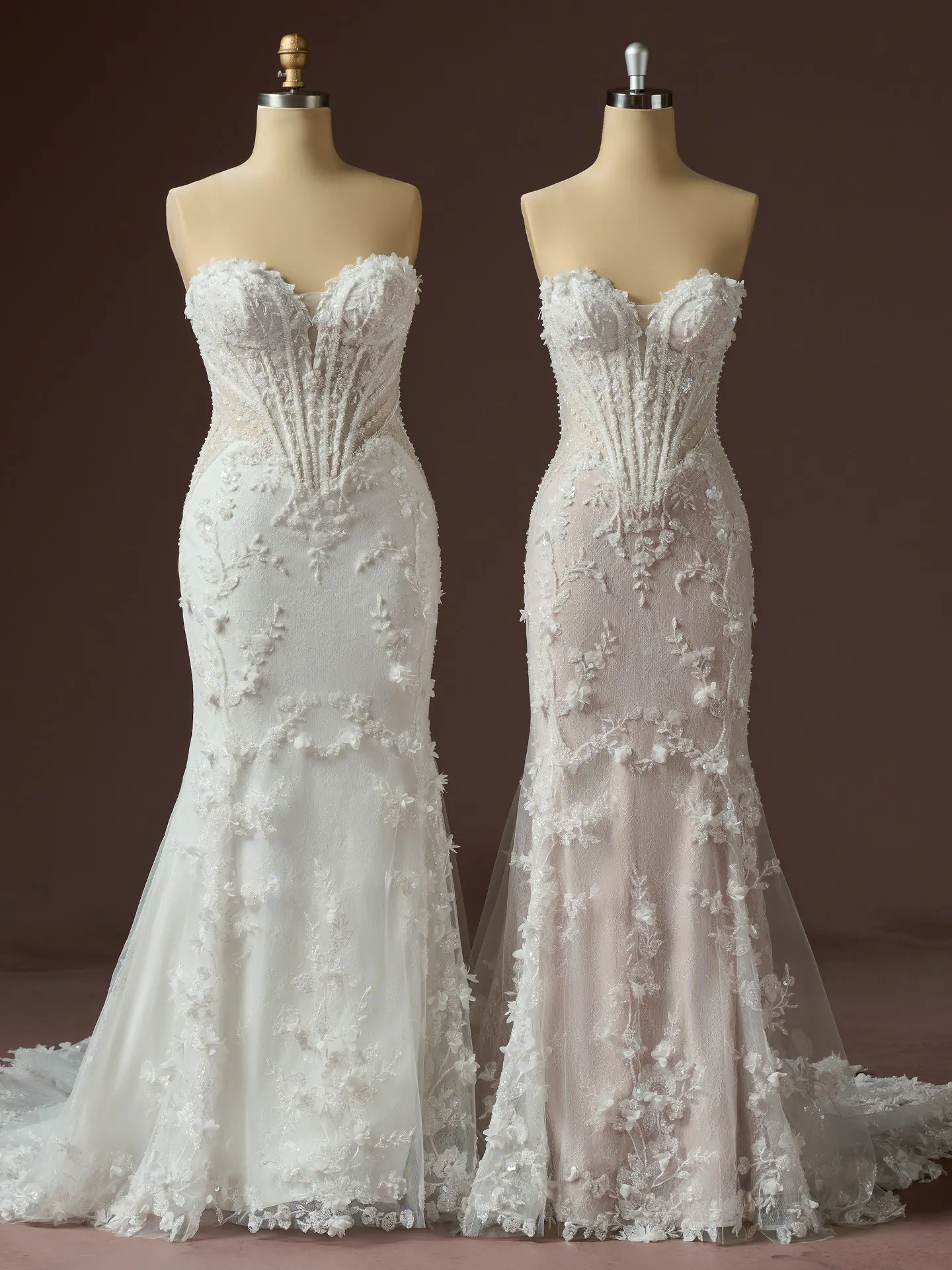 Maggie Sottero Stasia lace sweetheart dress front view on display mannequins.