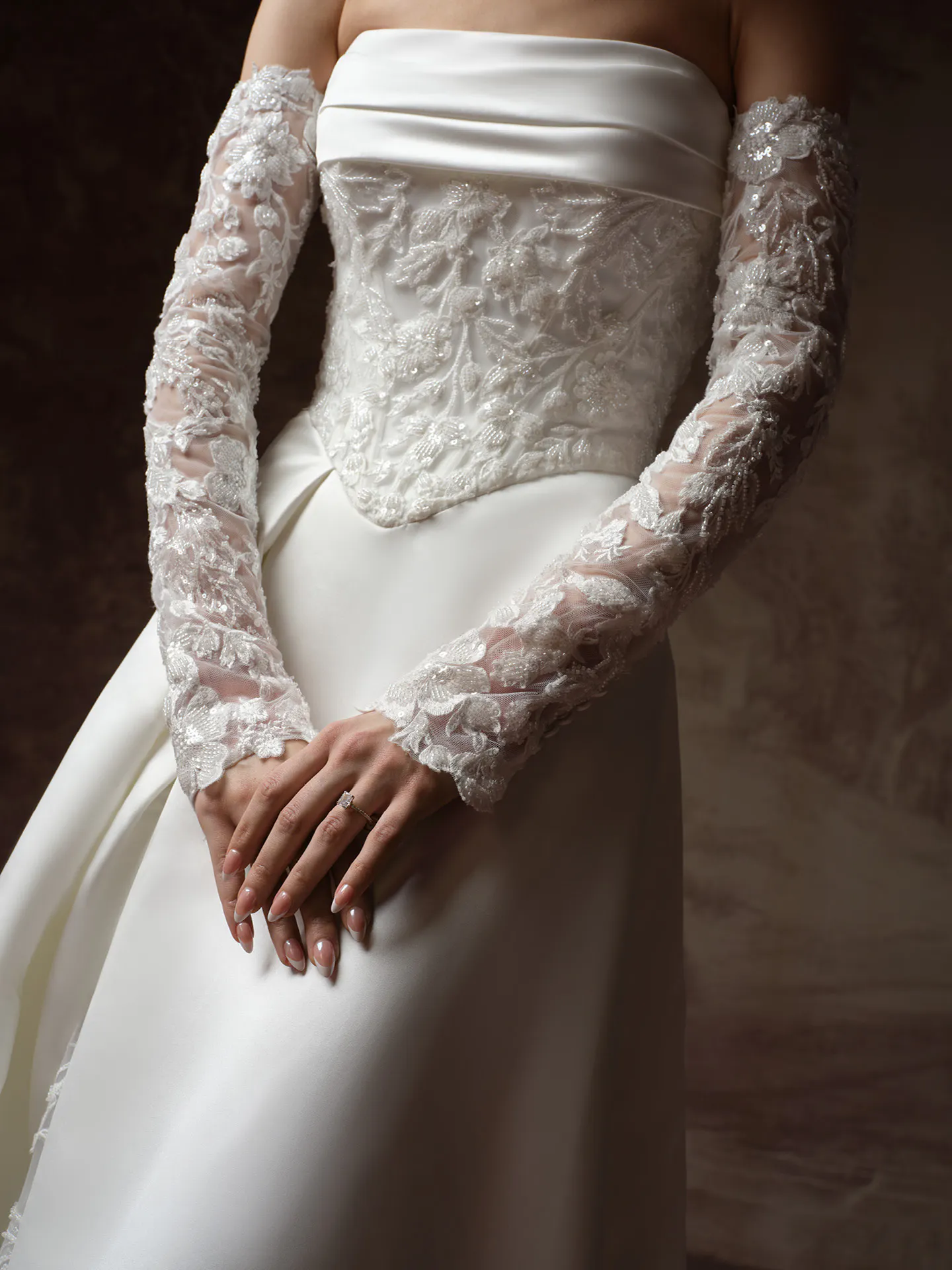 Maggie Sottero Wisteria front view lace bodice wedding dress.