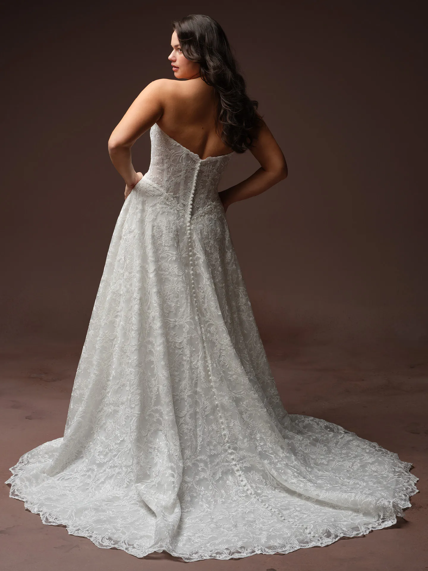 Maggie Sottero Zahia, back view, lace wedding dress with basque waist.