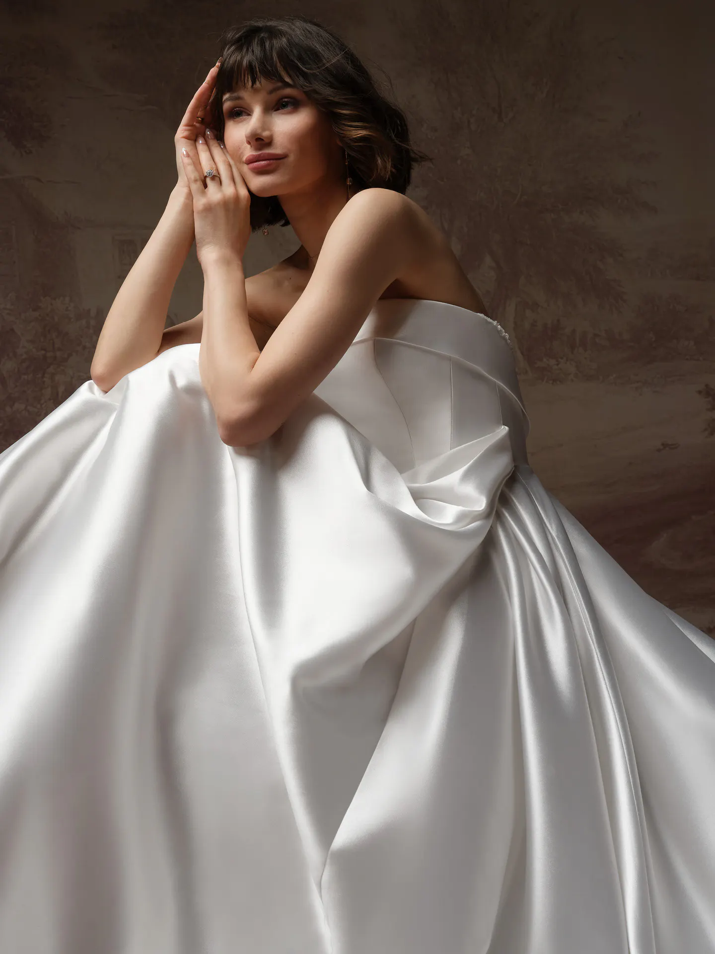 Rebecca Ingram Agatha strapless satin gown, side view.