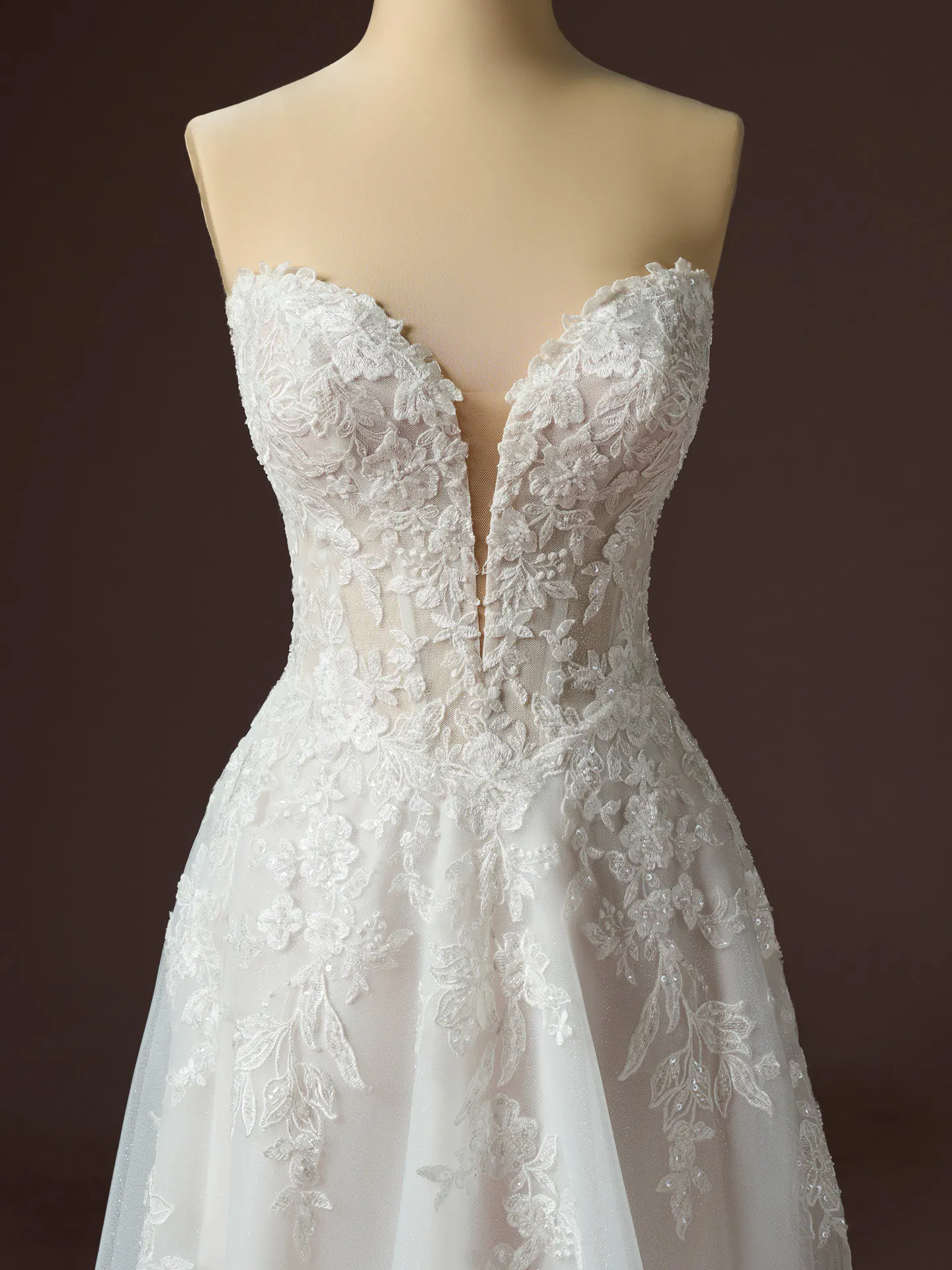 Rebecca Ingram Bernadine, front view lace and tulle wedding dress.
