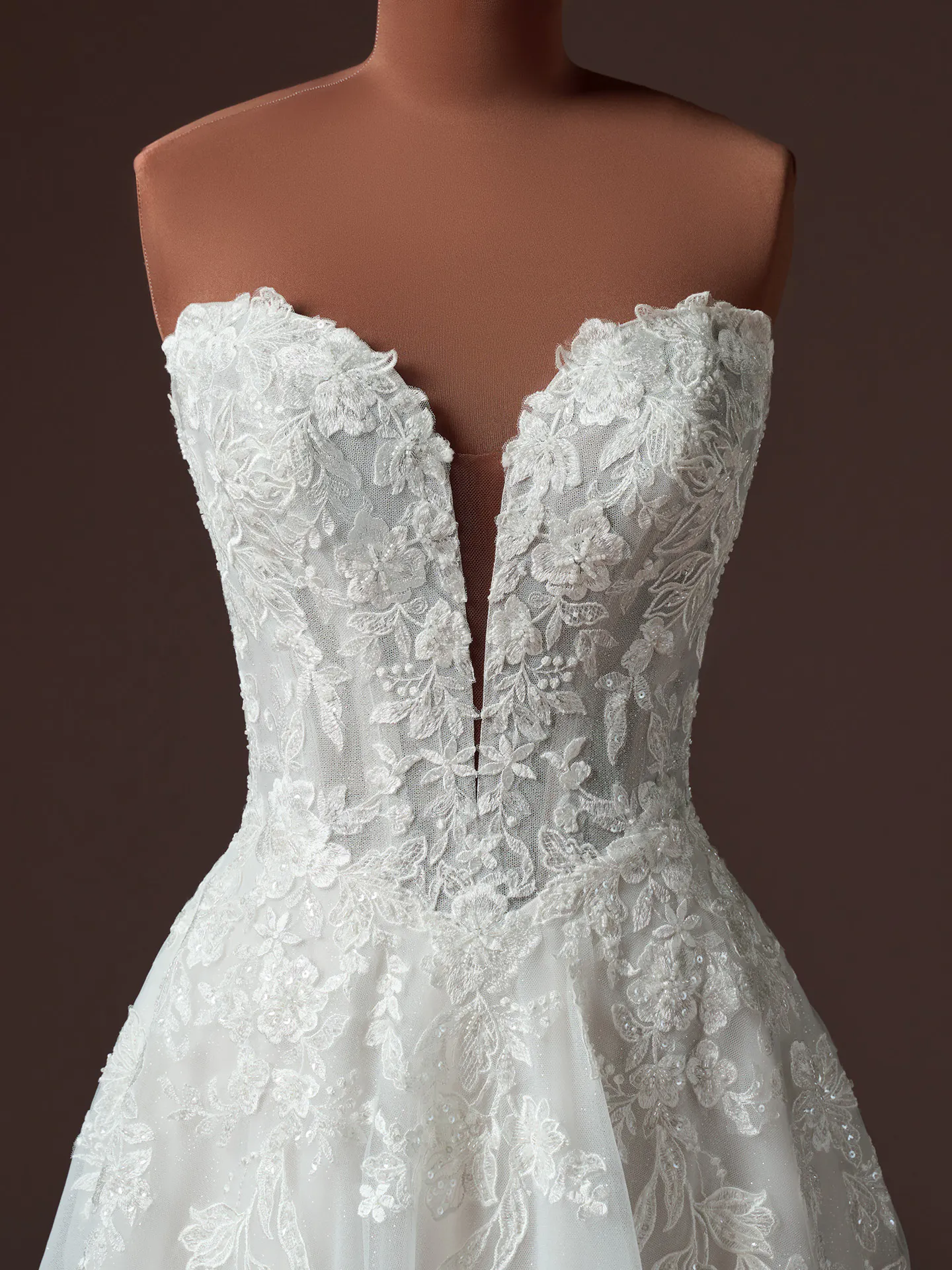 Rebecca Ingram Bernadine, front view lace, beaded tulle wedding dress with deep neckline.