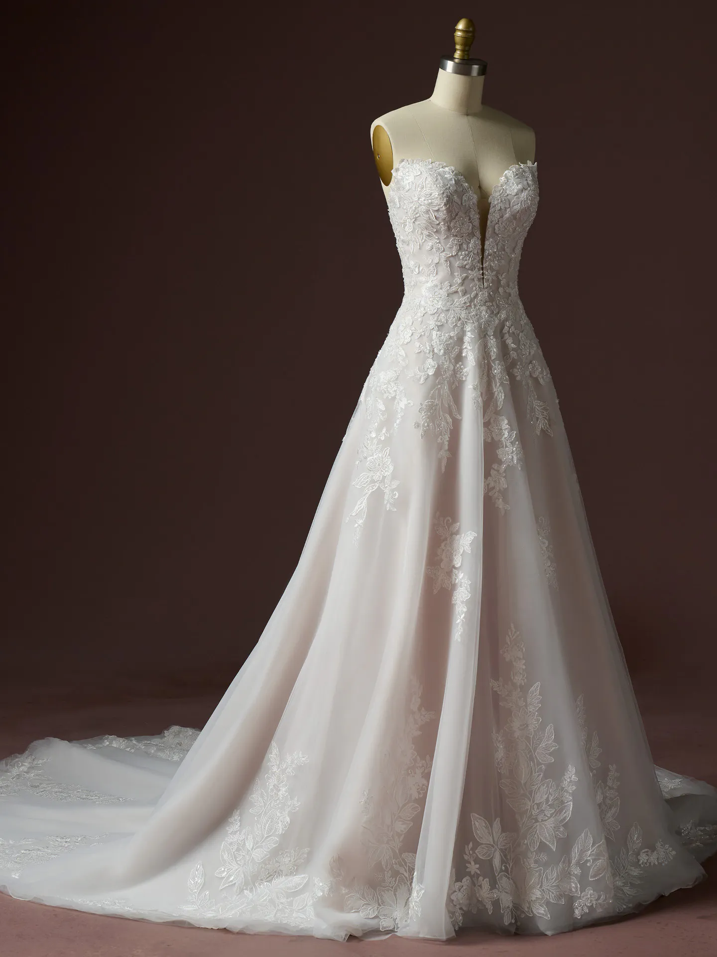 Rebecca Ingram Bernadine, front view sparkle tulle lace wedding dress on mannequin.