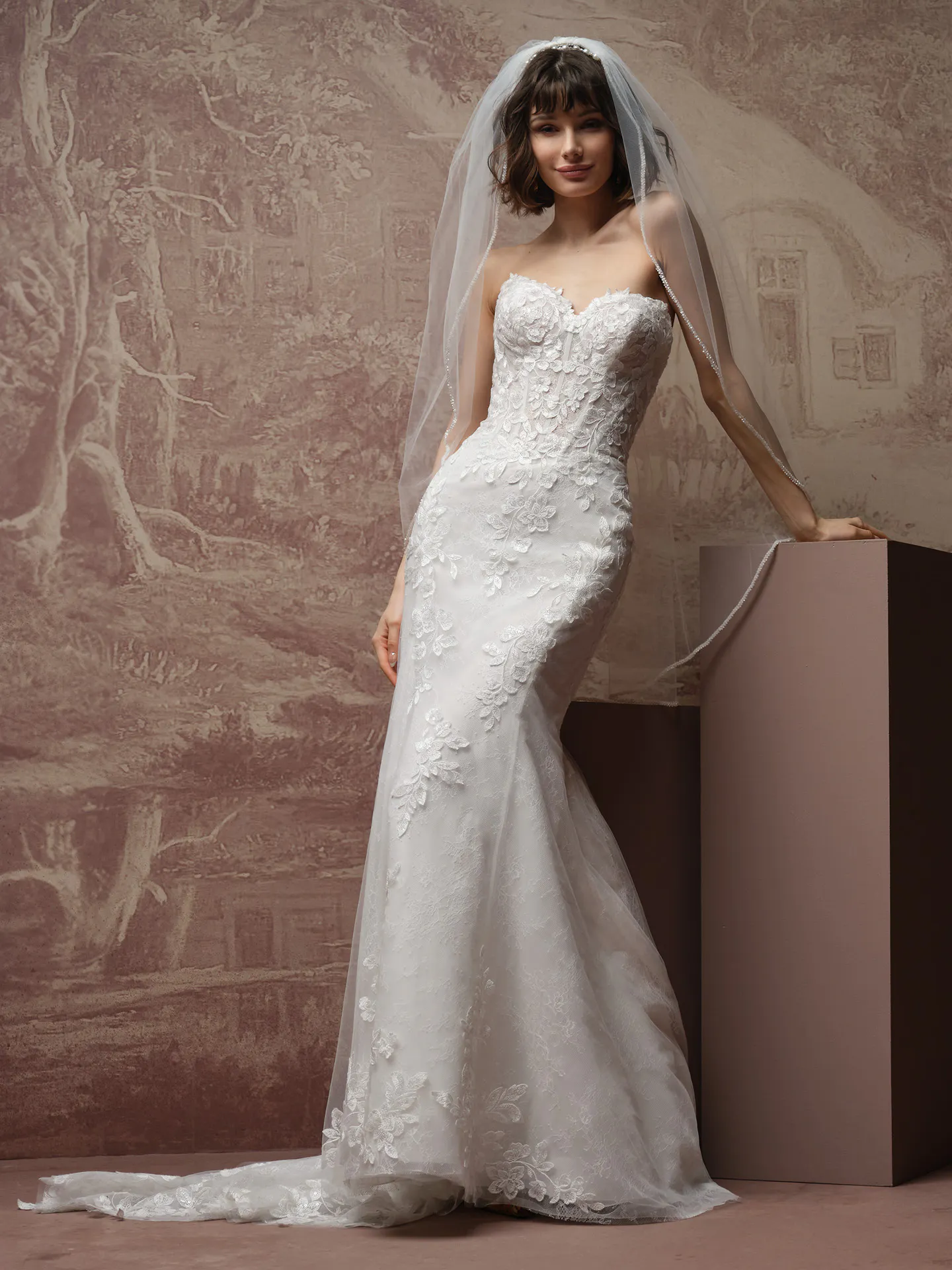 Rebecca Ingram Brandy lace wedding dress, front view with veil.