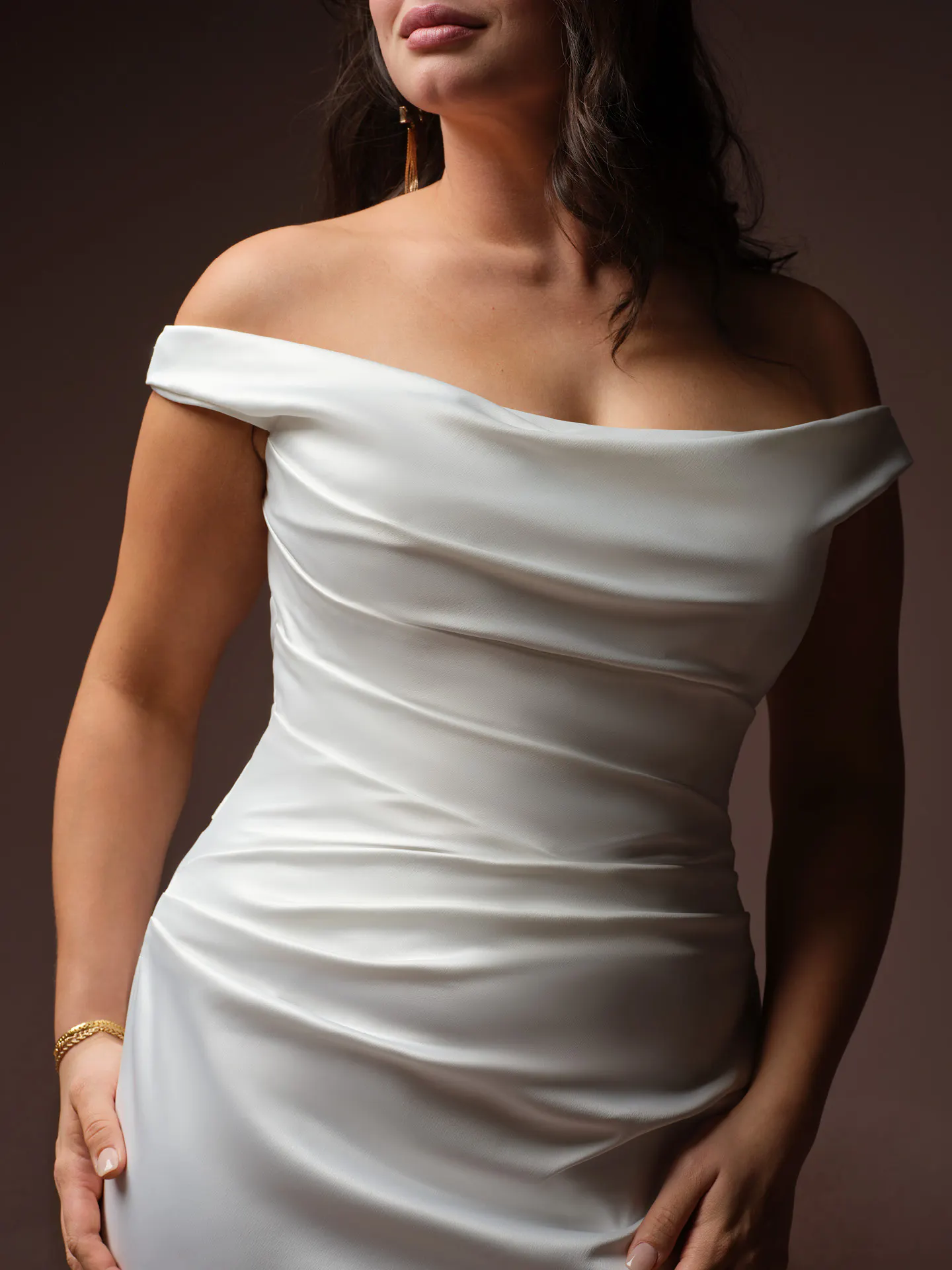 Rebecca Ingram Clementine off-shoulder draped dress, front view.