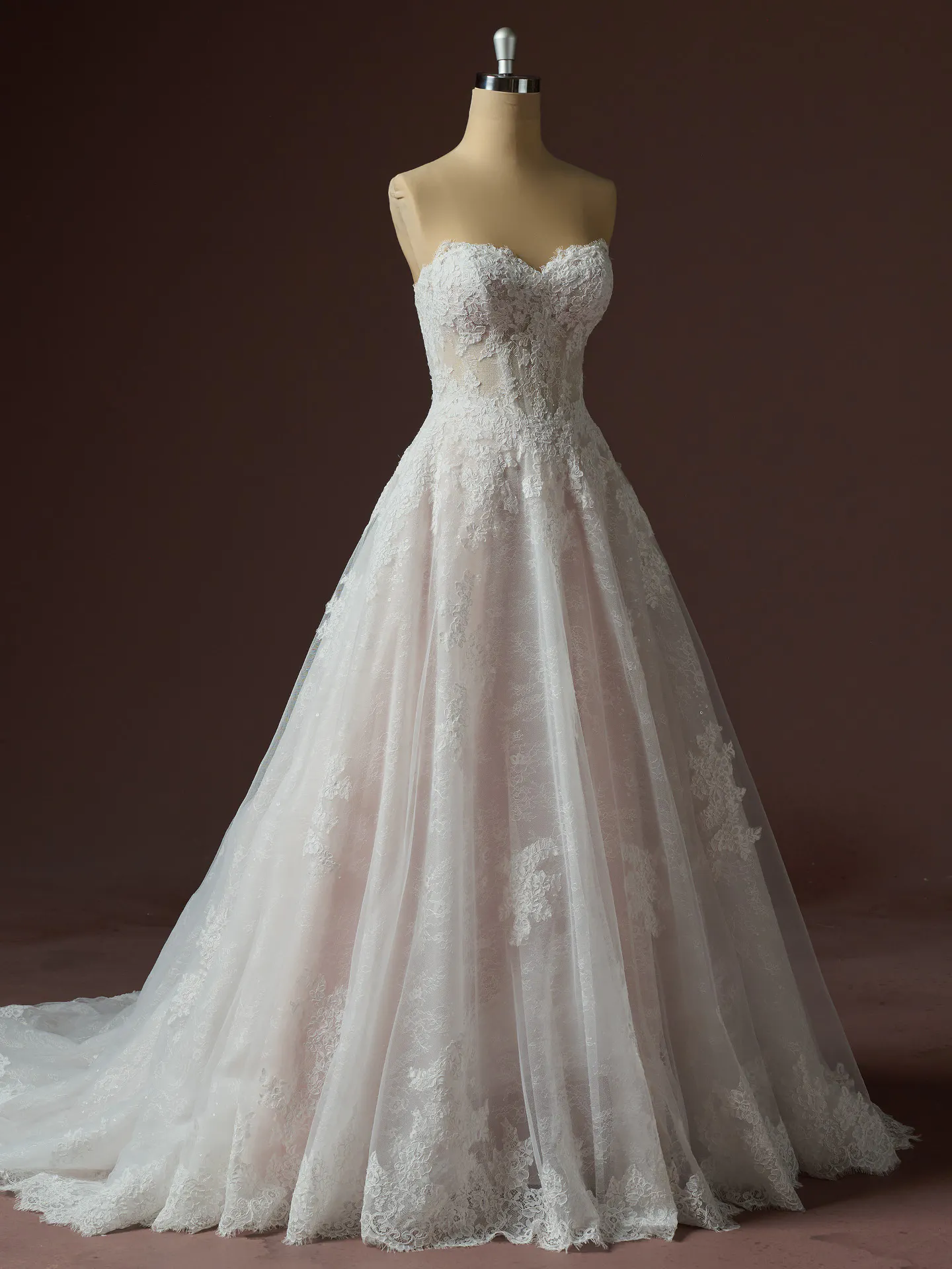 Rebecca Ingram Esmeralda front view lace A-line wedding dress on mannequin