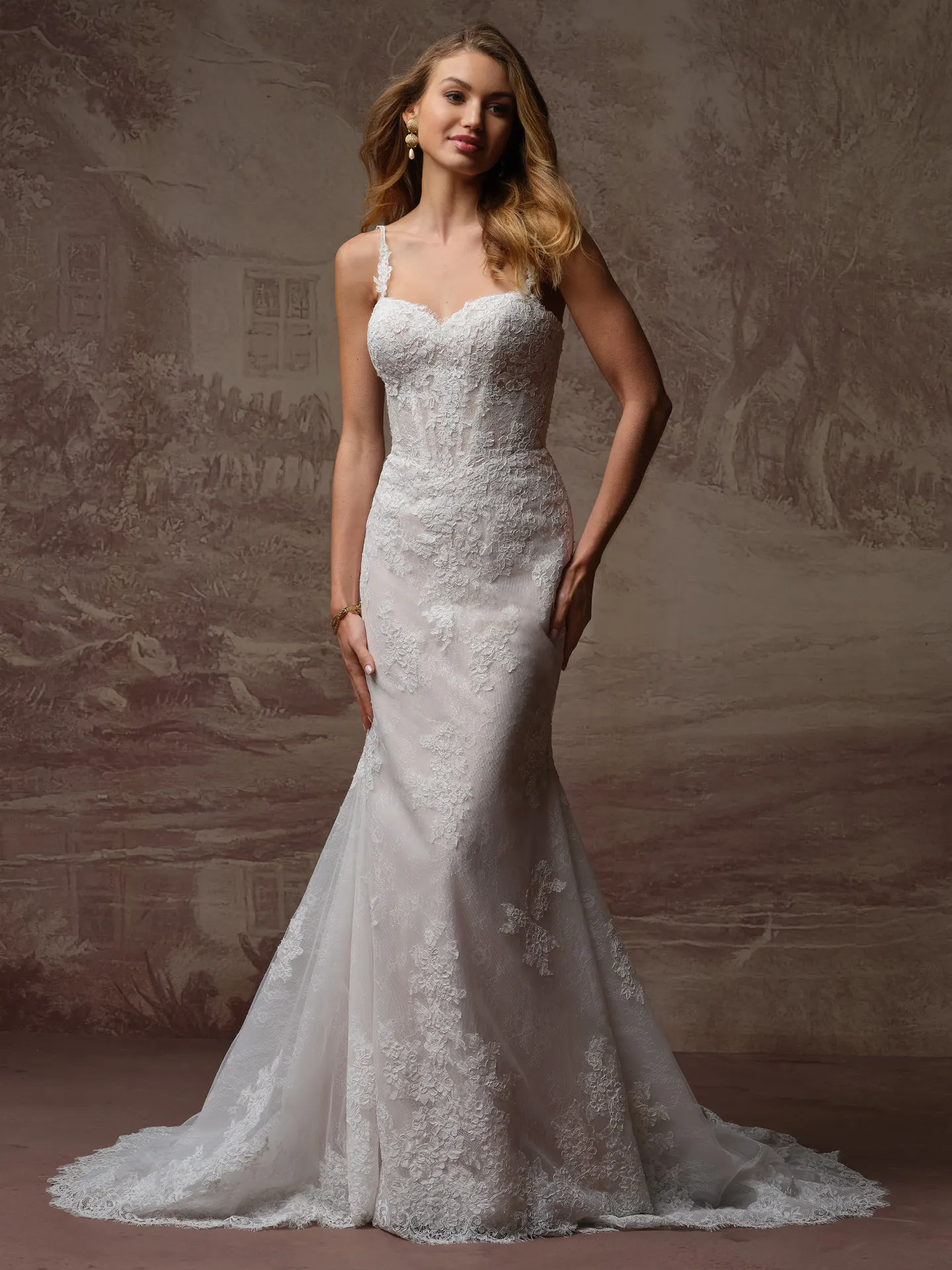 Rebecca Ingram Esmeralda, front view lace fit-and-flare wedding dress.